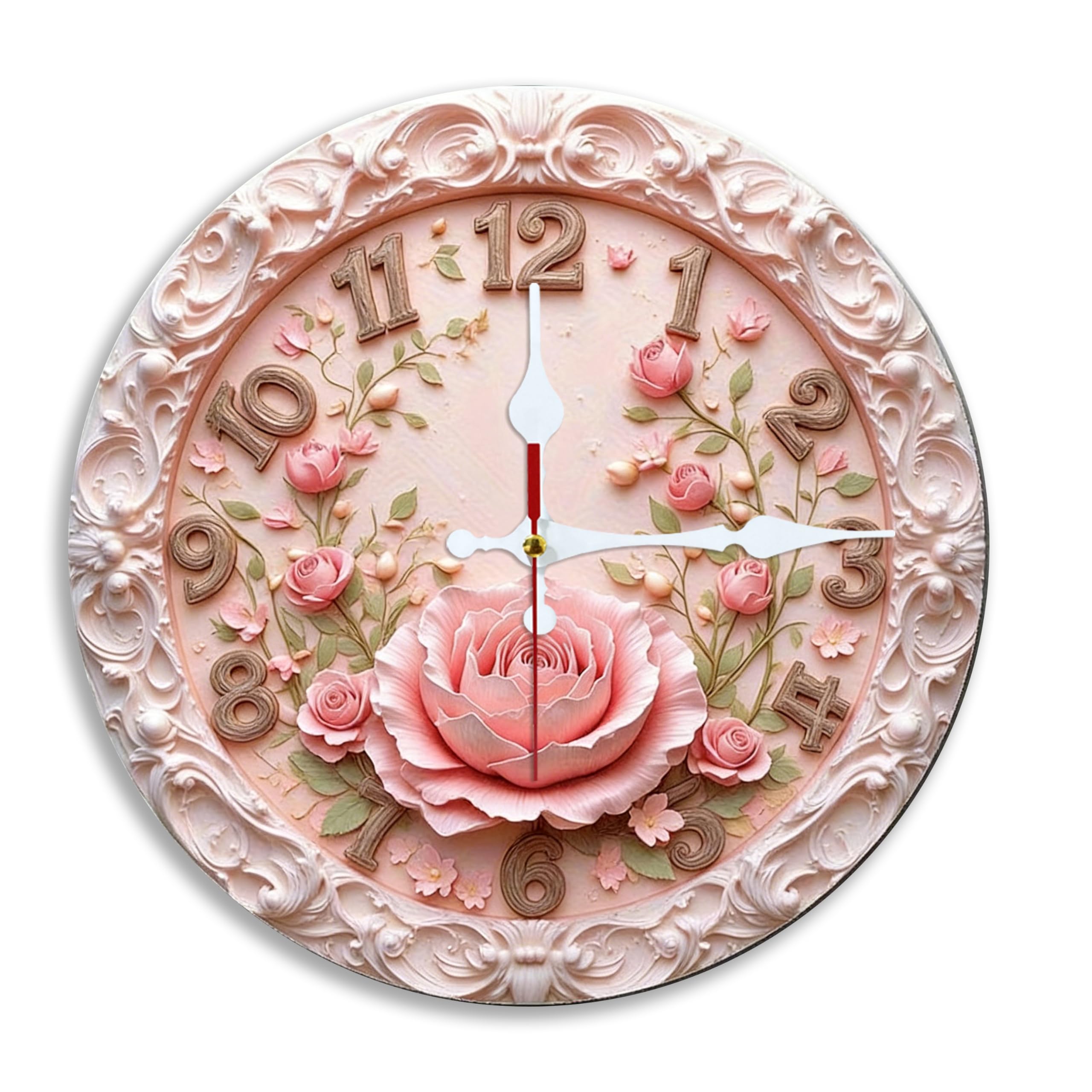 Wall Clock Art Print, Silent Non Ticking Battery Operated,Pink Rose Carved Clock 2D Art Print Decorative for Bathroom Kitchen Bedroom 10 inch & 12 inch, Ships Next Day，No Battery