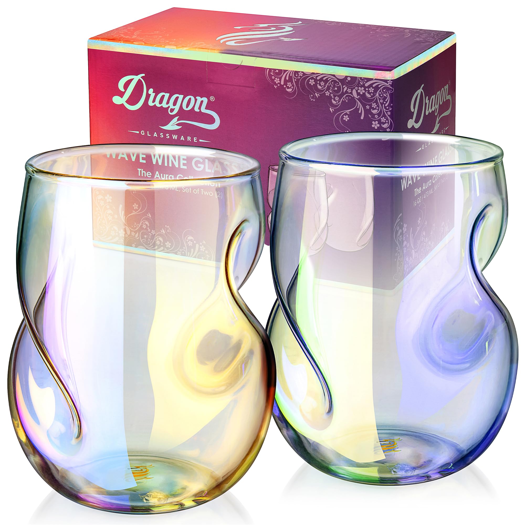 Dragon Glassware Stemless Wine Glasses, 16 oz Set of 2 - Iridescent