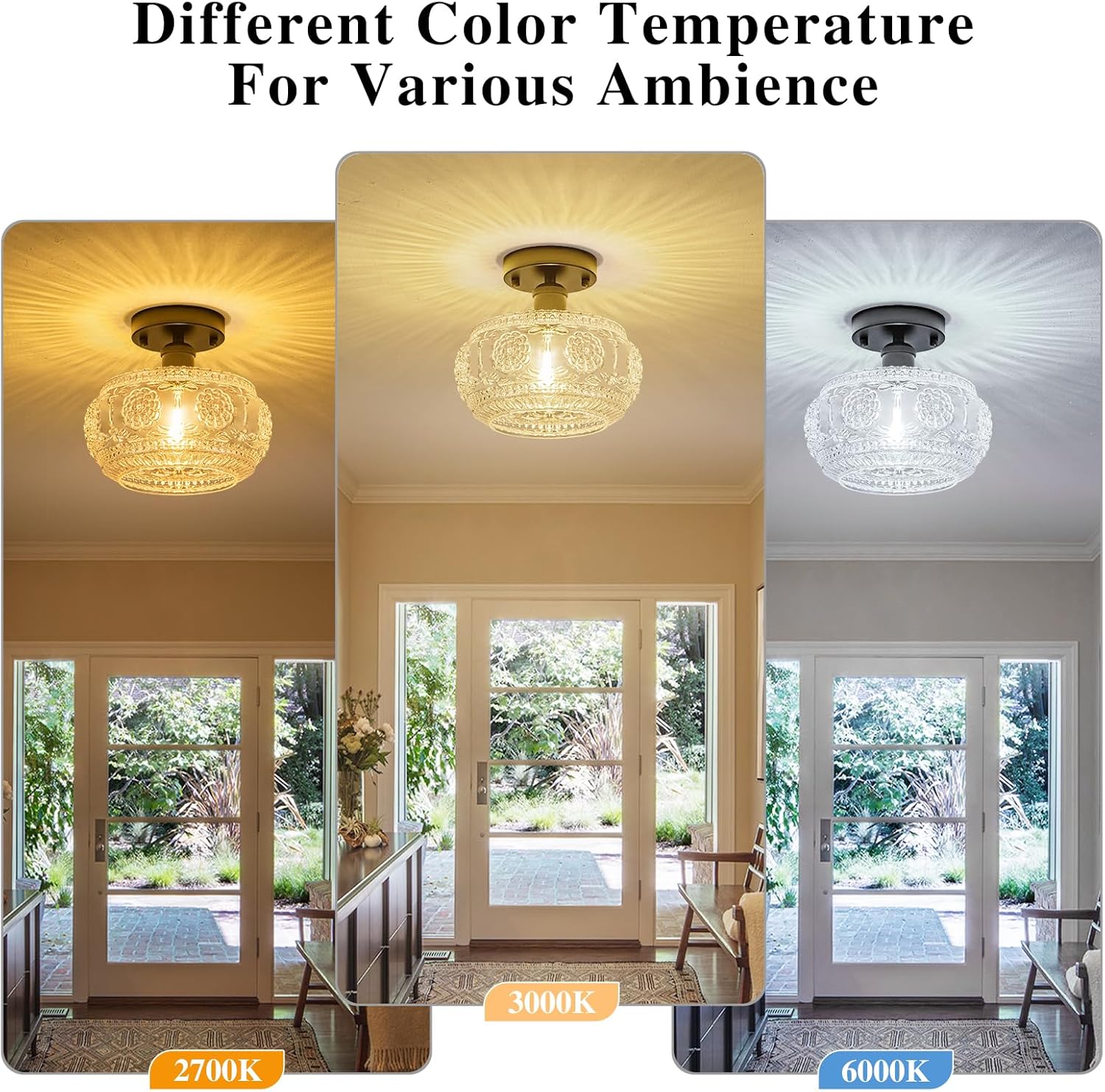 Semi Flush Mount Ceiling Light Fixture - Black Metal Base & Floral Glass Shade, Modern Vintage Lighting for Entryway, Bathroom, Kitchen, Bedroom (Bulb Not Included)