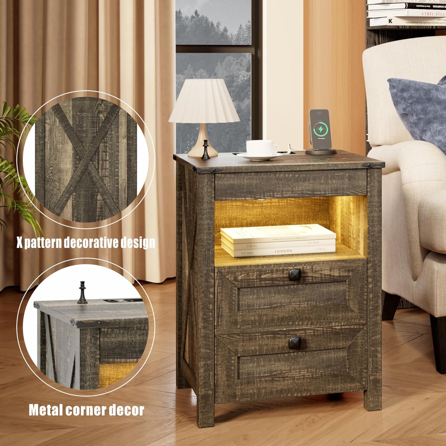 Farmhouse Nightstand with Gun Drawer, Bedside Table with Charging Station, Gun Night Stand with LED Light & Human Sensor, Smart End Table for Bedroom, Rustic Brown