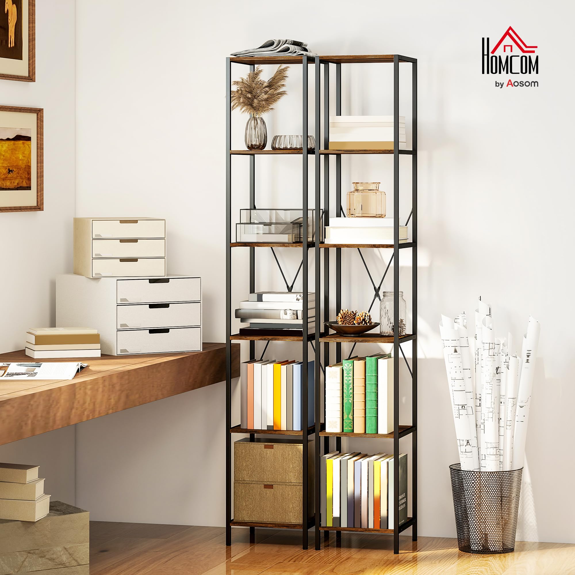 HOMCOM Zestaw 2 Regałów na Książki, 6 Poziomów, Styl Industrialny, dla Salonu, Biura, Sypialni, 30 x 30 x 174,5 cm, Rustykalny Brąz