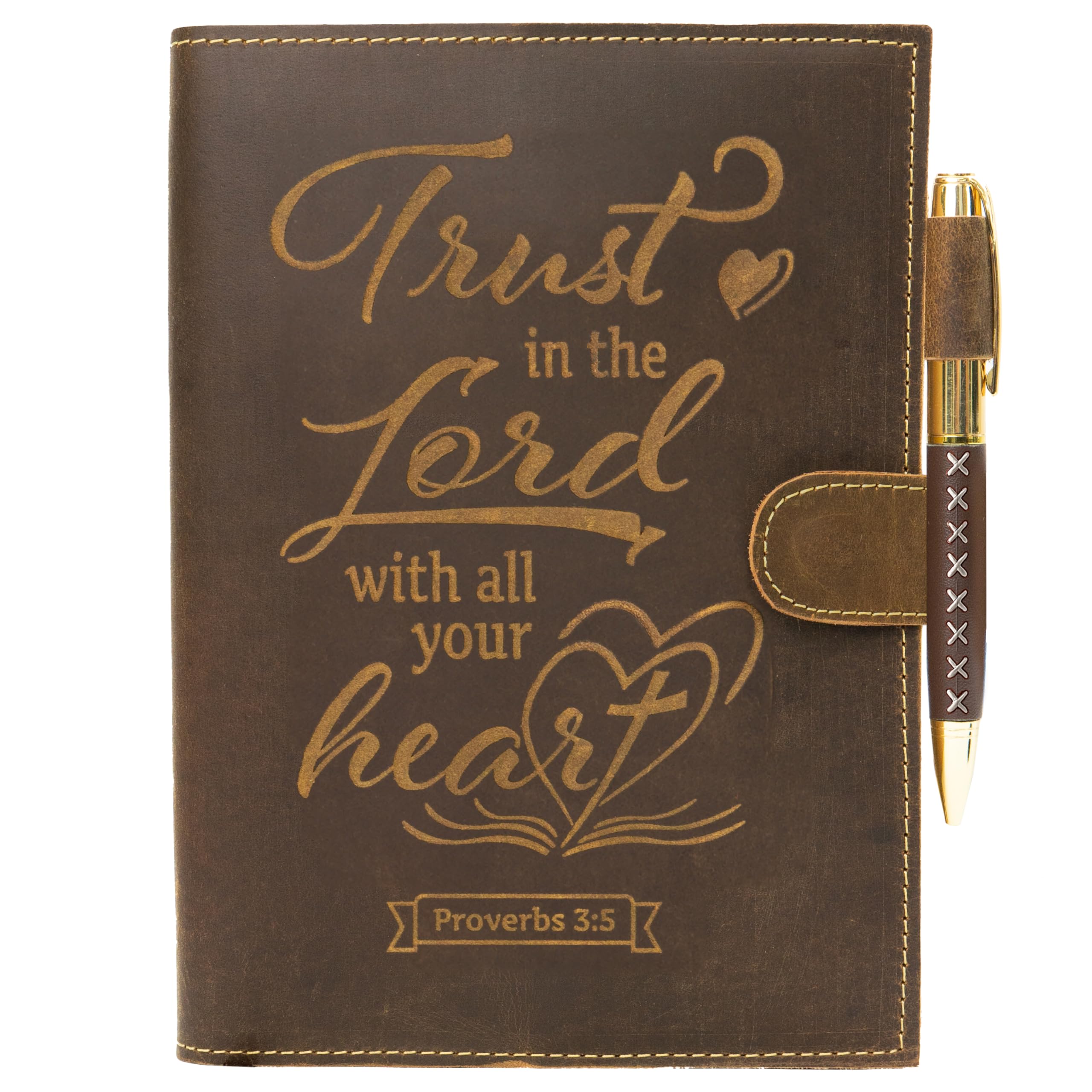 Sovereign-Gear Religious Refillable Leather Journal - Handmade A5 Writing Notebook with Pen - “Trust in the Lord” Proverbs 3:5 Embossed Diary with 2