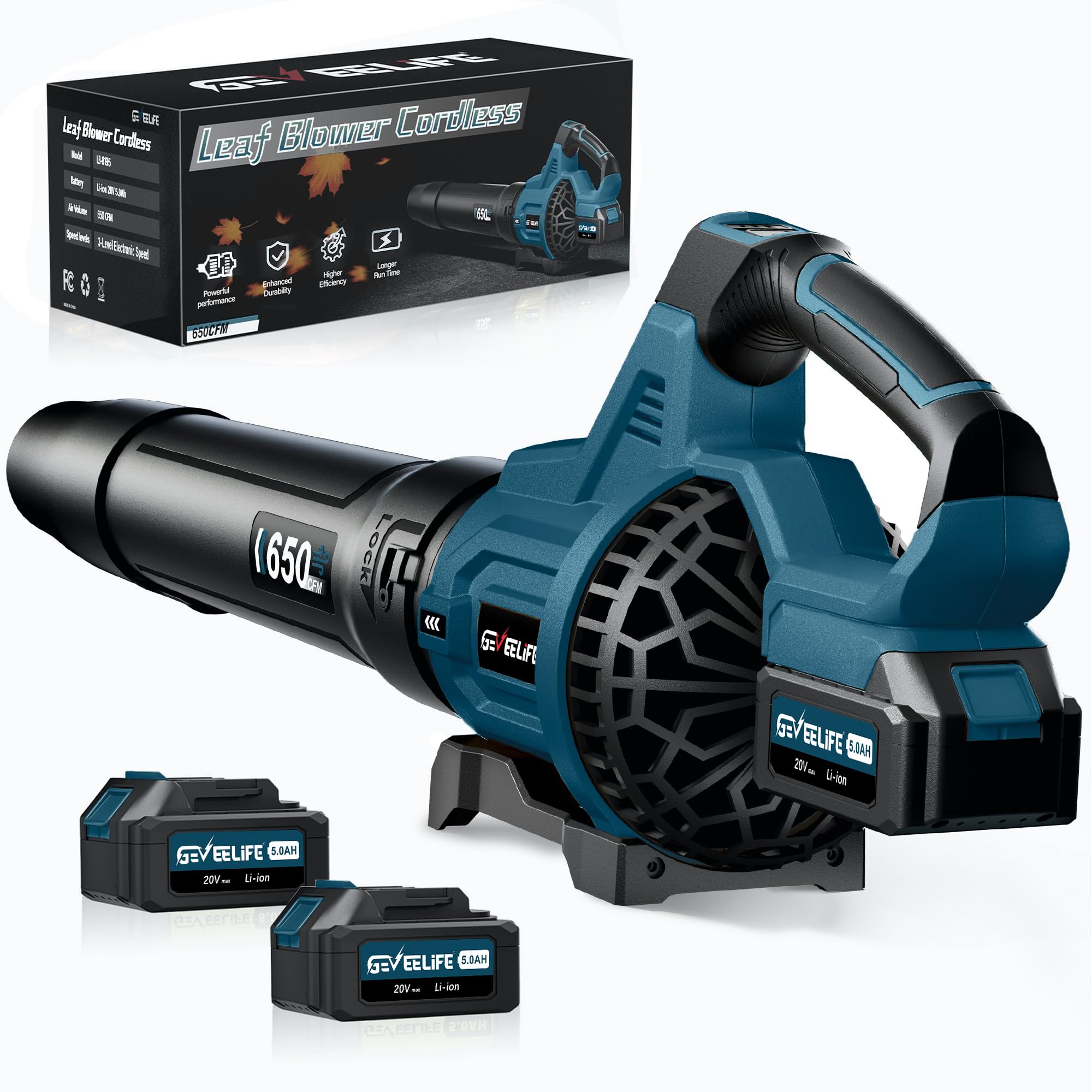 GEVEELIFE Leaf Blower Cordless, 650CFM & 3 Speed Levels, Electric Cordless Leaf Blower with 2 * 5.0Ah Battery Powered, Blowers for Lawn Care, Yard, Blowing Leaves, Dust, Snow