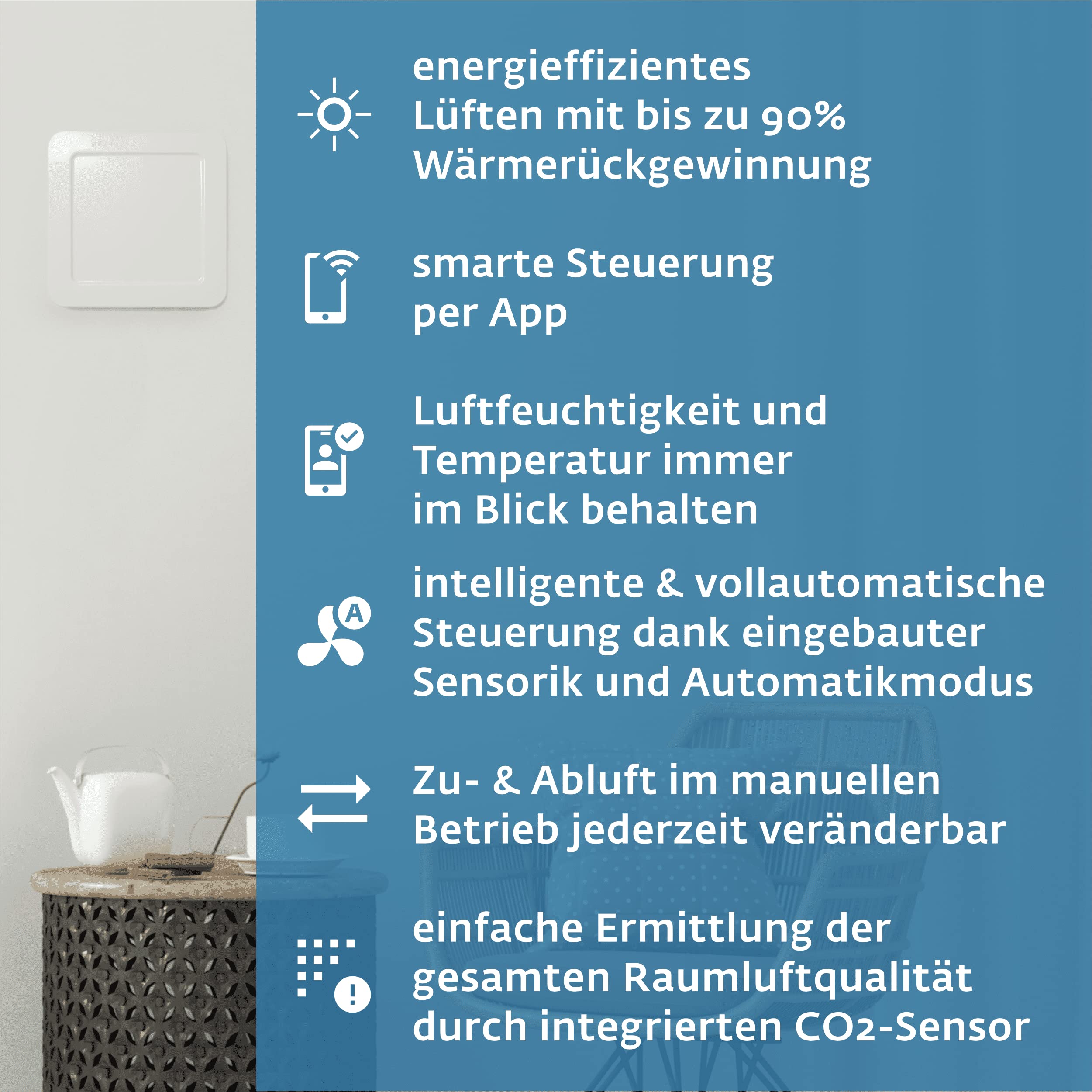 SIEGENIA AEROTUBE WRG smart Wand-Lüfter, dezentrale Wohnraum-Lüftung energiesparend mit aktiver Zu- oder Abluft, Wärmerückgewinnung, Luftqualitäts-, Temperatur- & Feuchte-Sensor, Steuerung per App