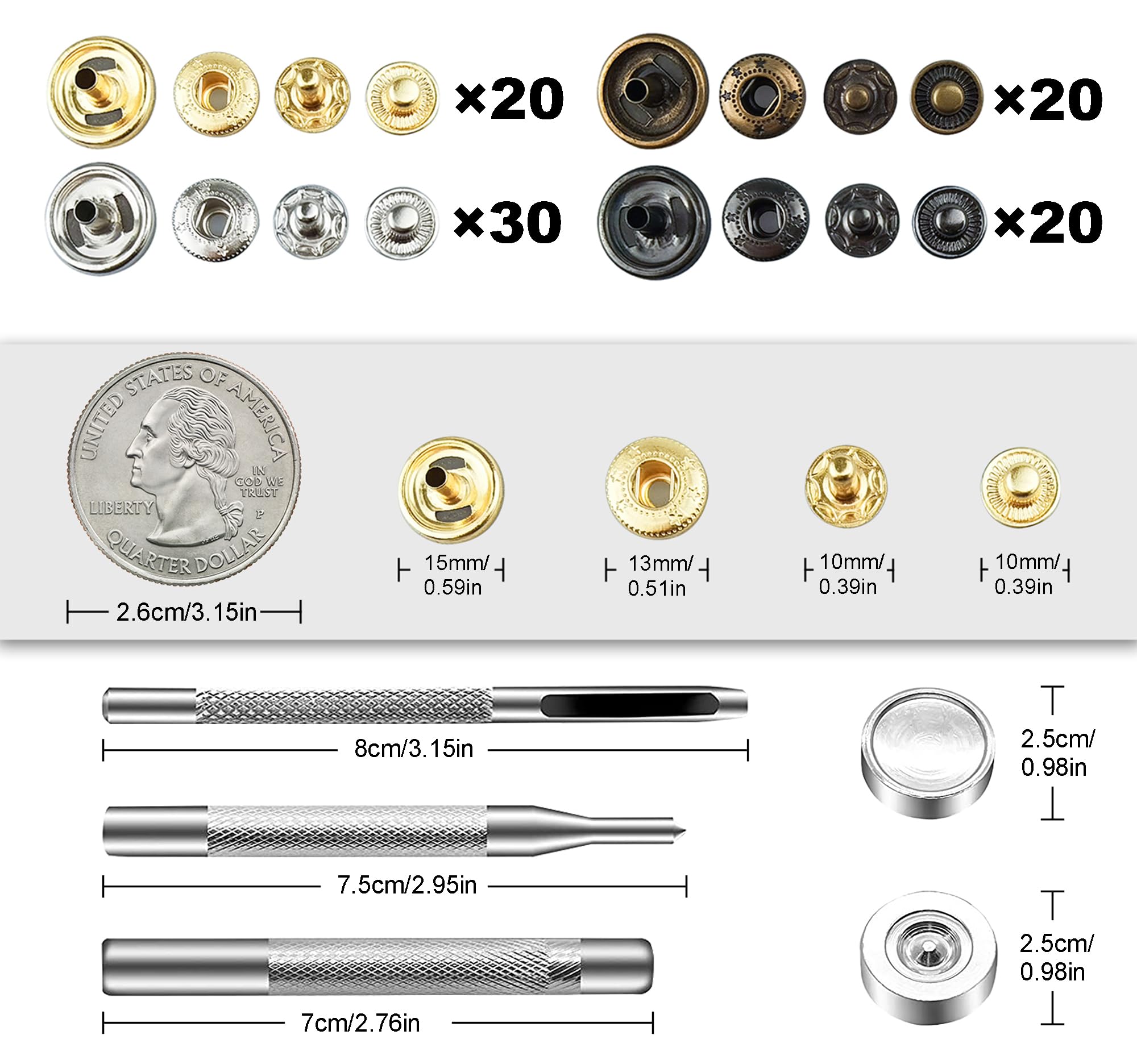 Akozon 15 sets 15 mm metalen drukknoop drukknoopsluiting met gereedschap voor leer, handwerk, kleding, jas, tassen, reparatie (zwart