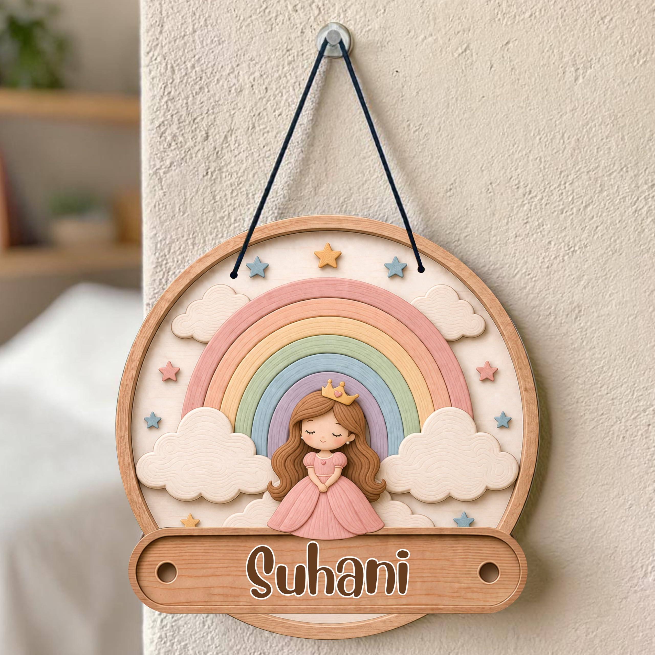 P Arts Personalized Kids Name Plate for Room Door, Custom Baby Name Board for Nursery Decor, 3D Illusion UV Printed Wooden Name Sign, Kids Room Wall Hanging, Birthday Gift & Return Gift (Rainbow Princess)-picture-24