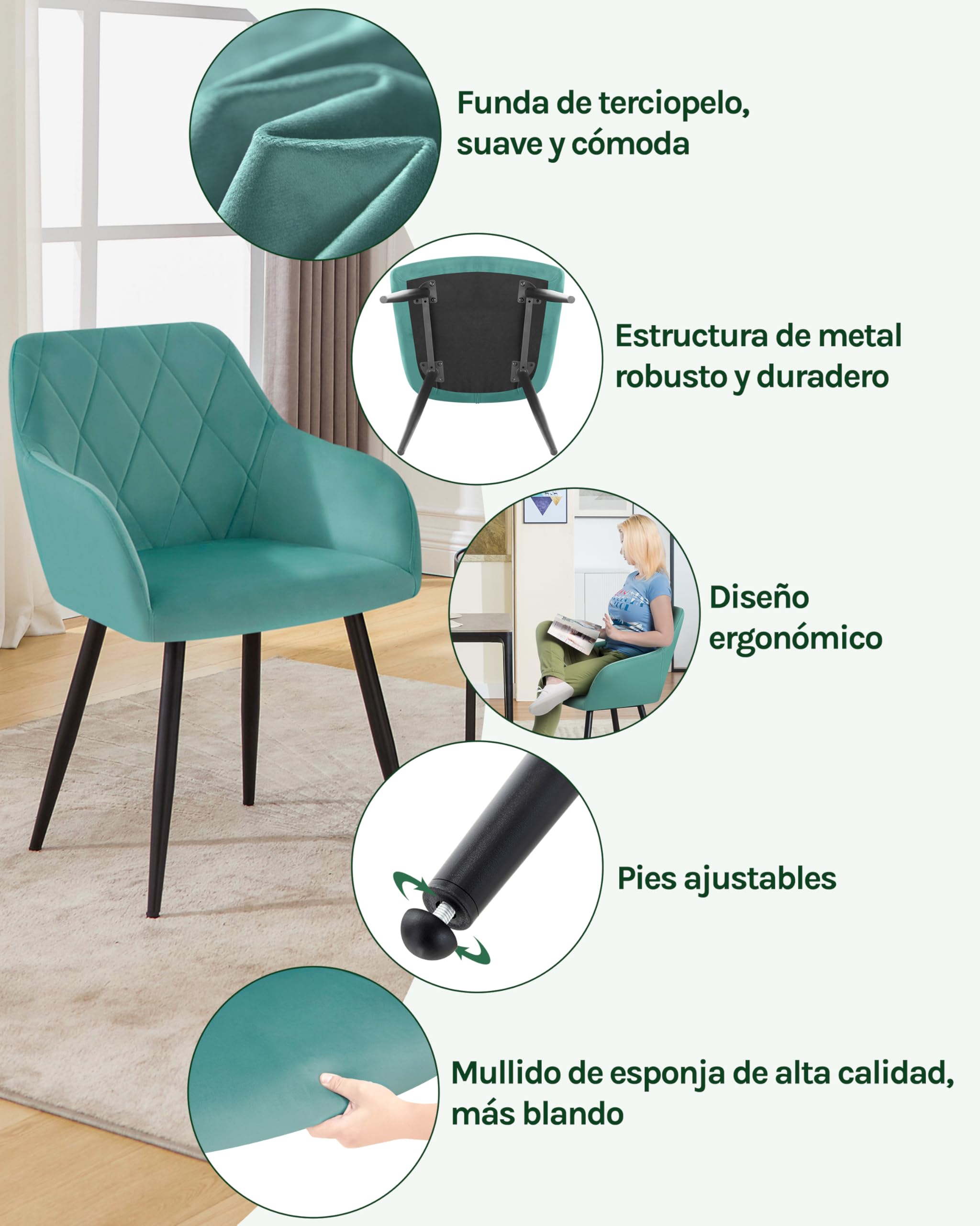 WOLTU Sillas de Comedor,Terciopelo,Turquesa