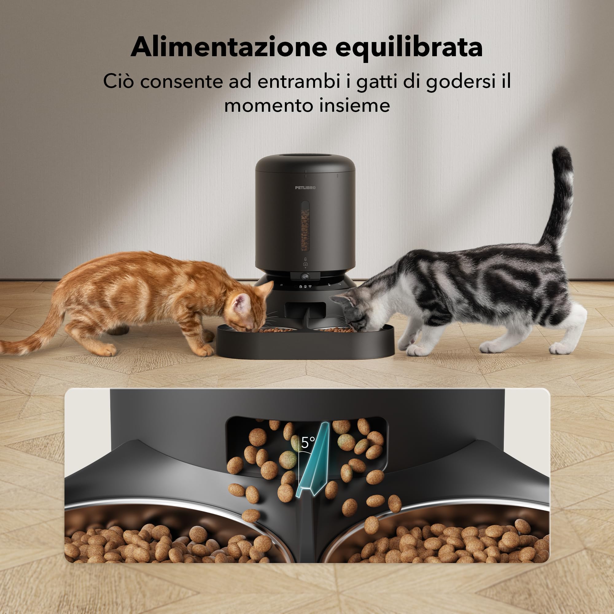 PETLIBRO 5G&2.4G WiFi Distributore Automatico Cibo Gatti con Telecamera,5L 1080P HD Distributore Automatico Cibo Cani con 2 Ciotole in Acciaio Inox,1-10 Pasti/Giorno,APP Controllo,USB e Batterie, Nero
