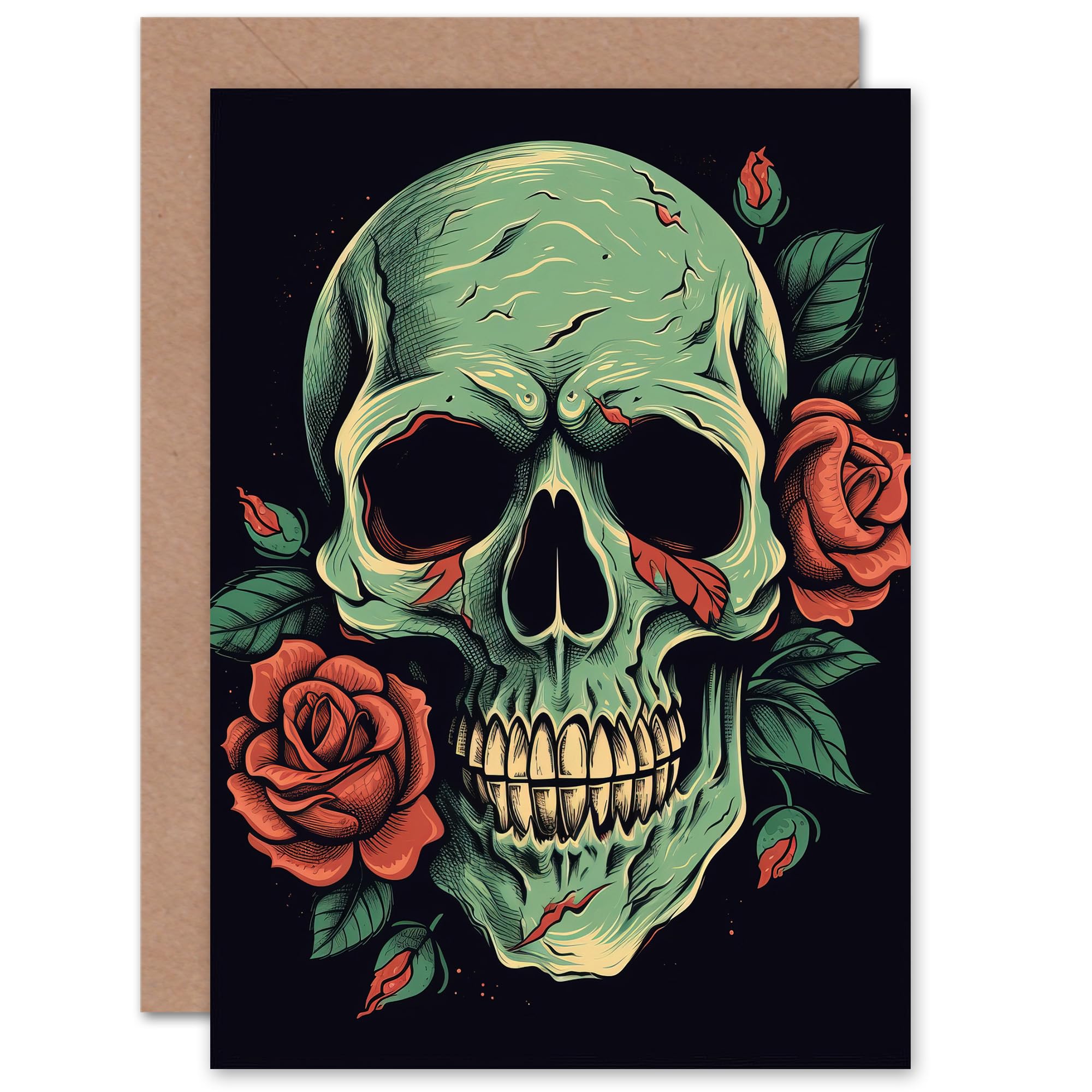 Artery8 Green Skull and Rose for Wife Her Mum Sister Daughter Mom Gran Nan Birthday Thank You Congratulations Blank Art Greeting Card