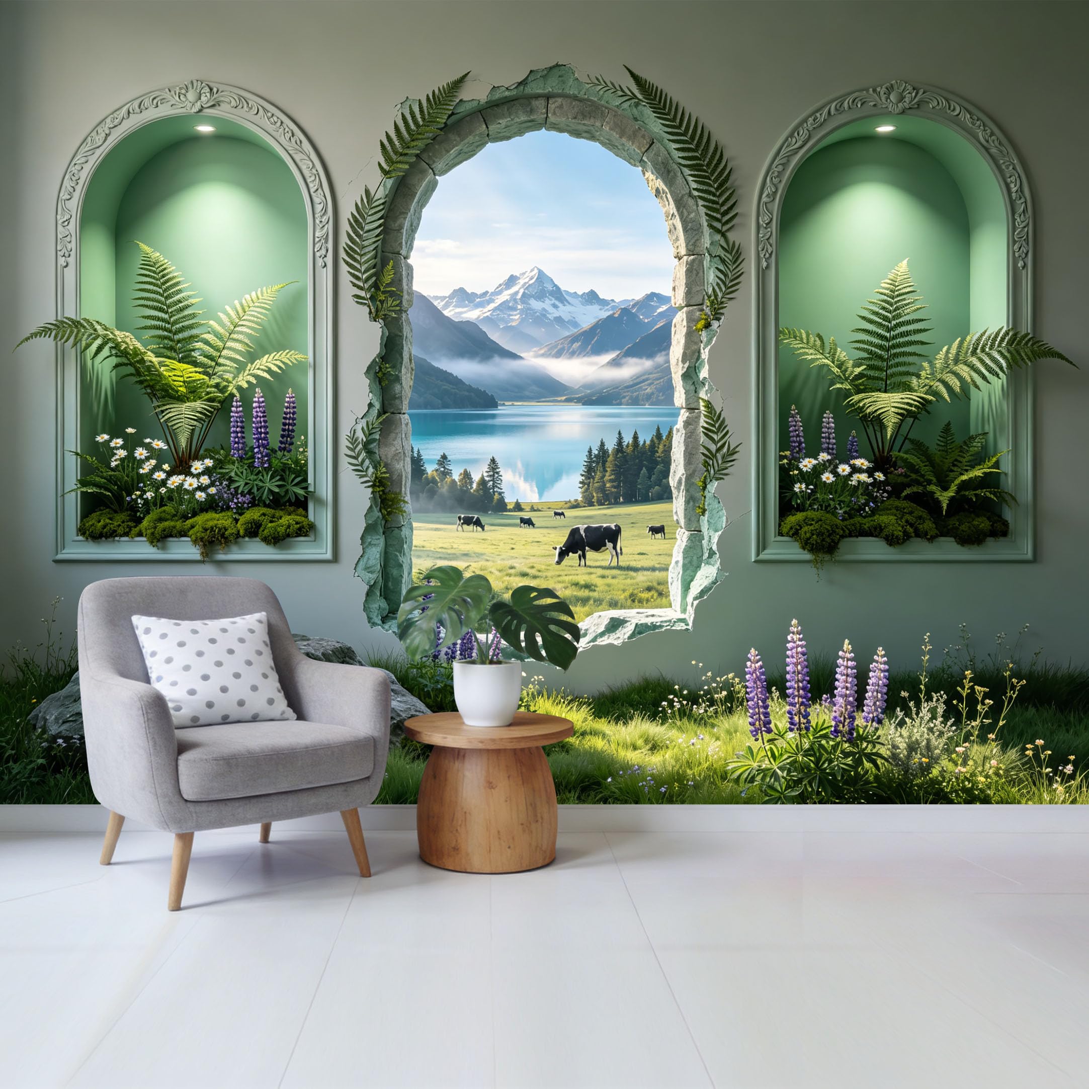 Removable Self Adhesive Fabric Mural， 3D Mountain Lake Meadow Cattle Custom Size Wall Covering， UV Protected Waterproof Washable Wall Decor for Living Room Bedroom Bathroom