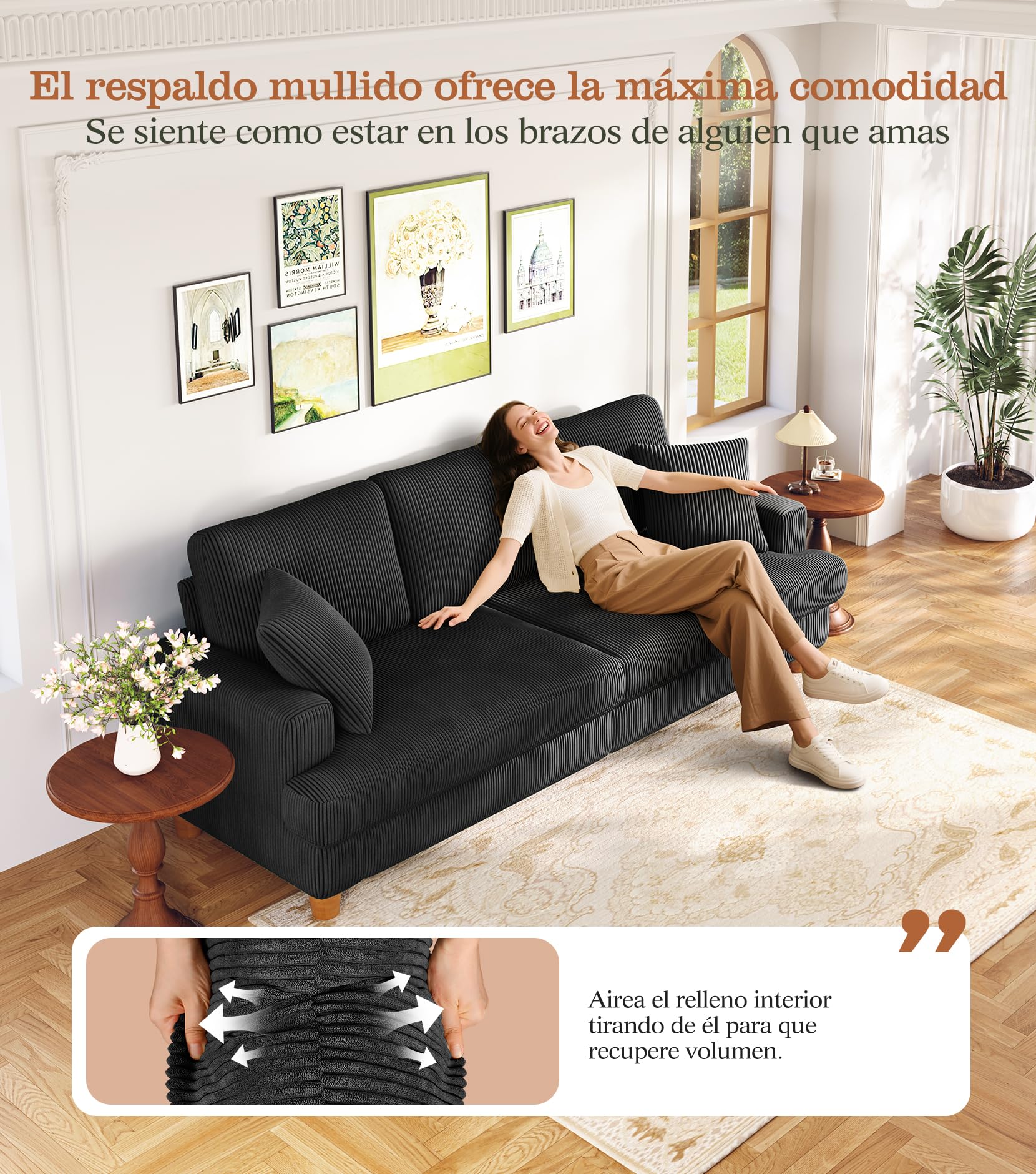 Kidirect Sofá de Pana de 3 plazas, 221 cm cómodo sofá de 53 cm Asientos Extra Profundos, sofá de salón Montaje sin Herramientas sofá Grande con 2 Cojines, sofá Moderno para Oficina, Negro