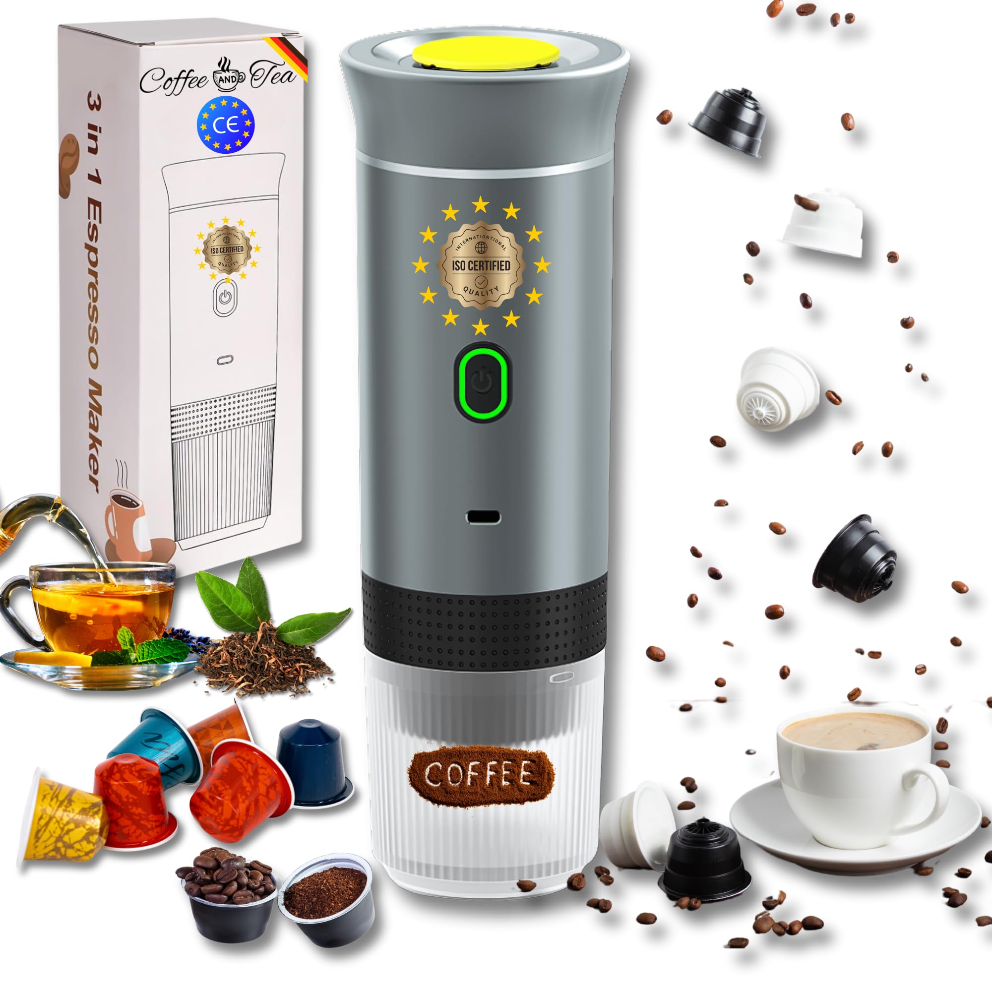 Astur Group Cafetera Portatil Capsulas, Cafetera Multicapsulas y Molido, Maquina de Cafe, Cafetera Capsulas Portatil, Calienta Agua Batería Recargable USB, Ideal Viajes, Camping y Oficina (Plata)