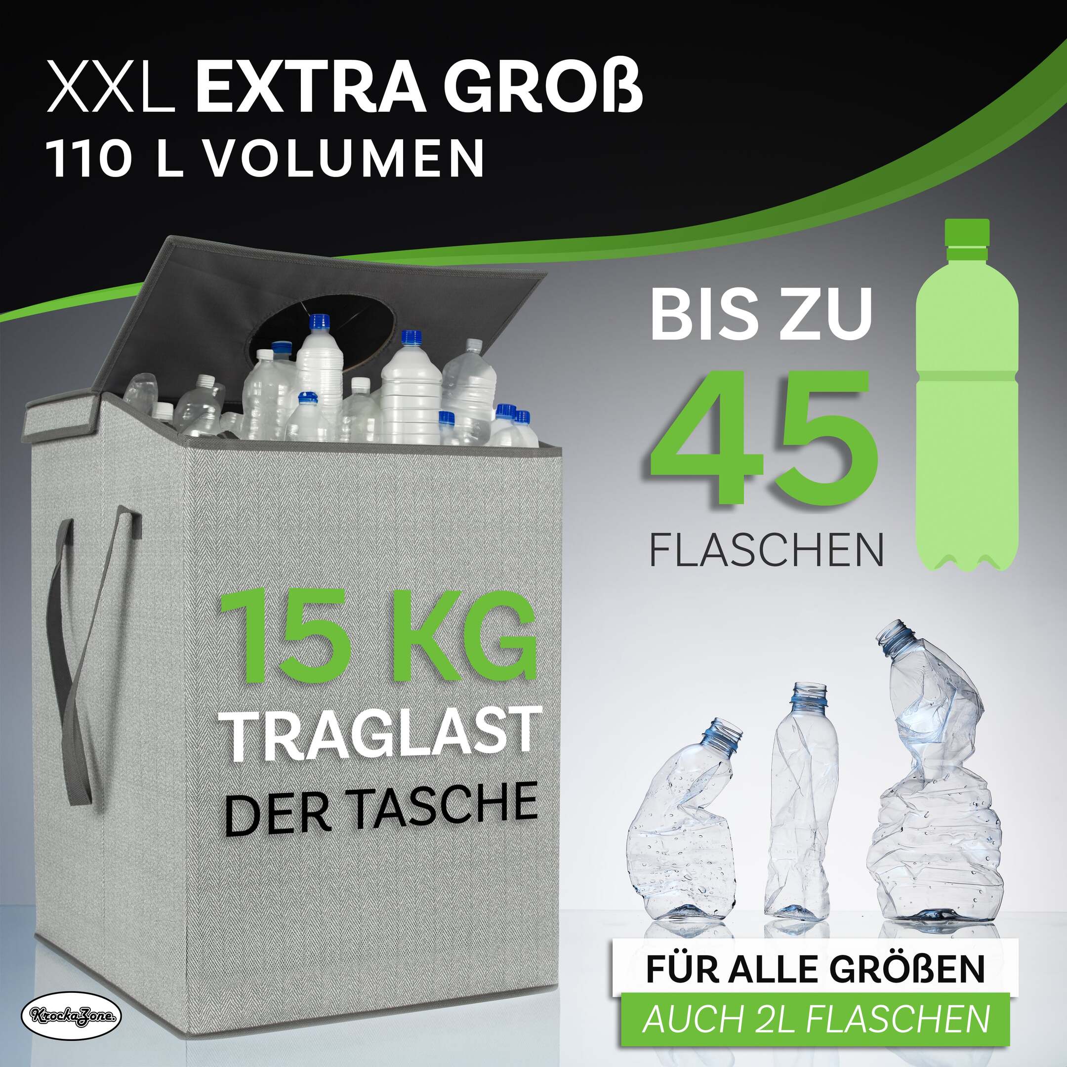 KrockaZone. Pfandflaschen Aufbewahrung mit 110L XXL Tragetasche & Deckel mit Flaschen Loch - Sammelbehälter für Leergut & Altglass