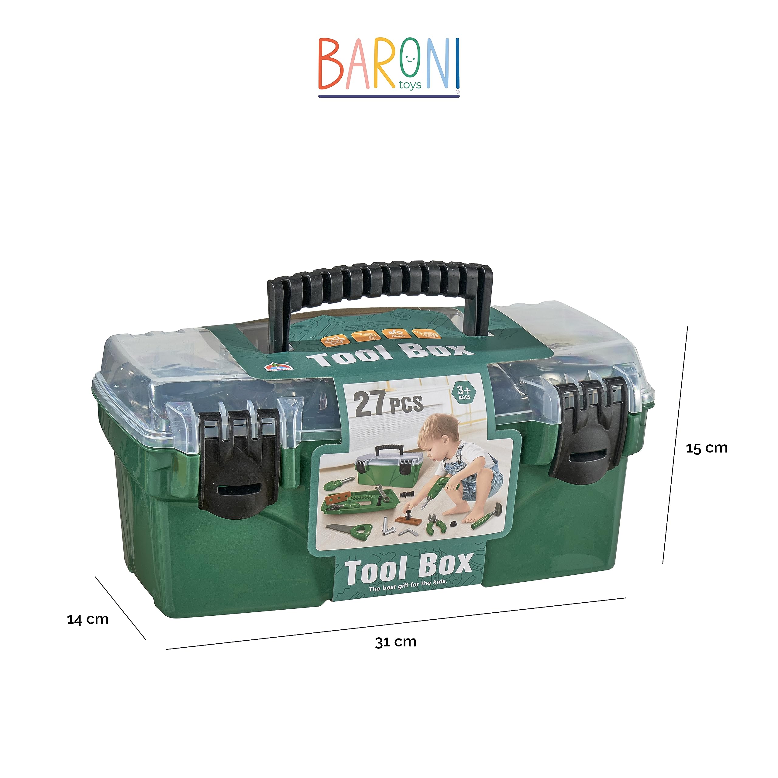 Baroni Toys Cassetta degli Attrezzi per Bambini, Attrezzi Giocattolo con Trapano Elettrico, Gioco di Ruolo Utensili da Lavoro da Bambino, Kit da Meccanico e Falegname 3 4 5 6 7 Anni, 31x14x15 cm
