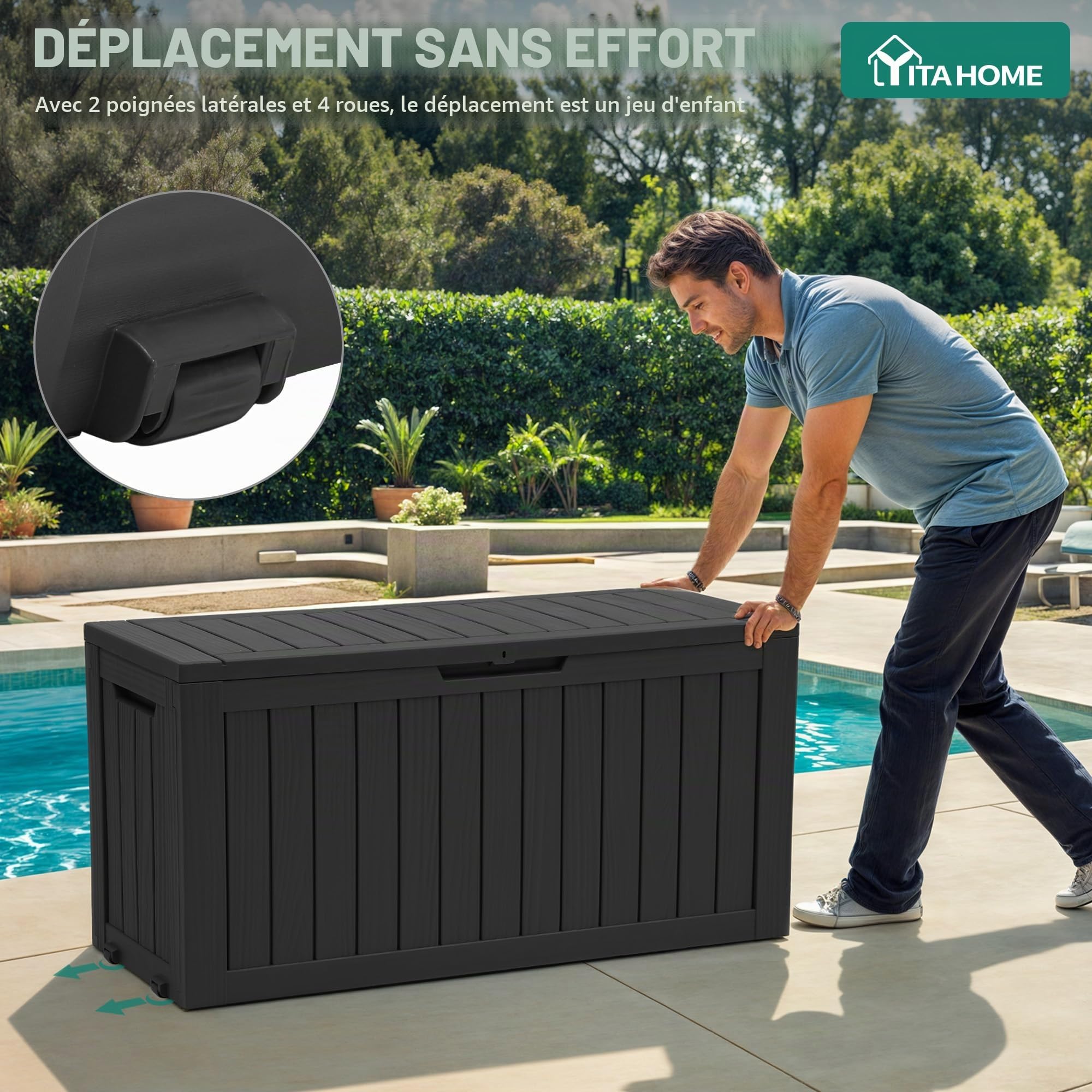 YITAHOME Boîte de rangement d'extérieur avec roulettes, coffre de terrasse en plastique de 270 L, coffre de jardin étanche pour coussins, outils et fournitures de piscine, verrouillable, imitation