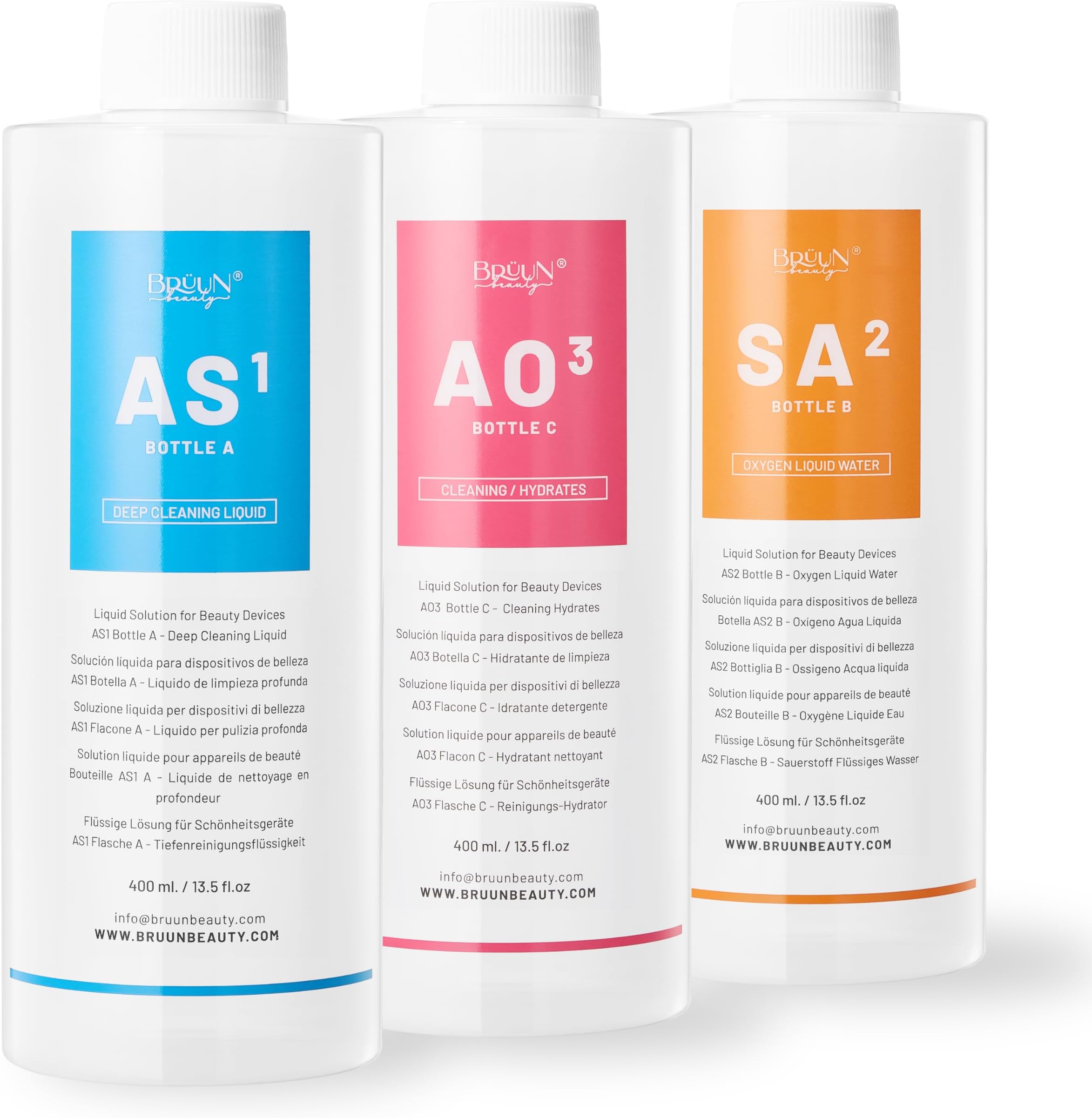BRรUN Aqua Facial Serums for Face Cleansing โ A Pack of 400ml 3 Aqua Peeling Solution AS1, SA2, and AO3 โSkin Care Solution for Vacuum face Cleaning Jet for Home and Spa