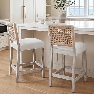 27" Countryside Counter Height Bar Stools for Kitchen Island, Boho Linen Fabric Patio Stools Set of 2 with Woven Rope Back, Midcentury Wicker Stool Chairs for Home Bar, White