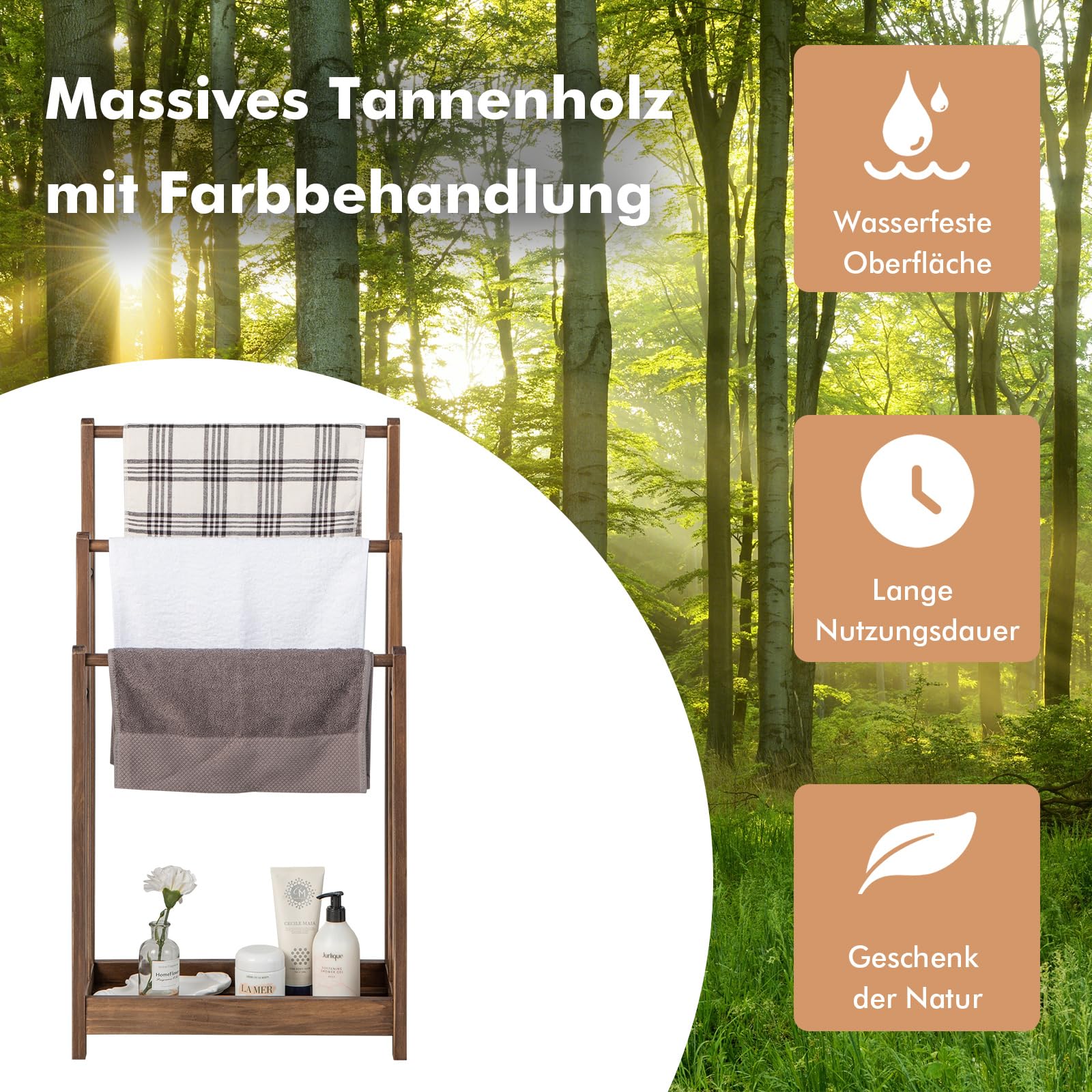 GOPLUS Handtuchhalter aus Holz, Handtuchständer freistehend mit 3 Handtuchstangen & Ablagefach, Duschtuchhalter Badetuchhalter für Badezimmer, Hotels (Braun)