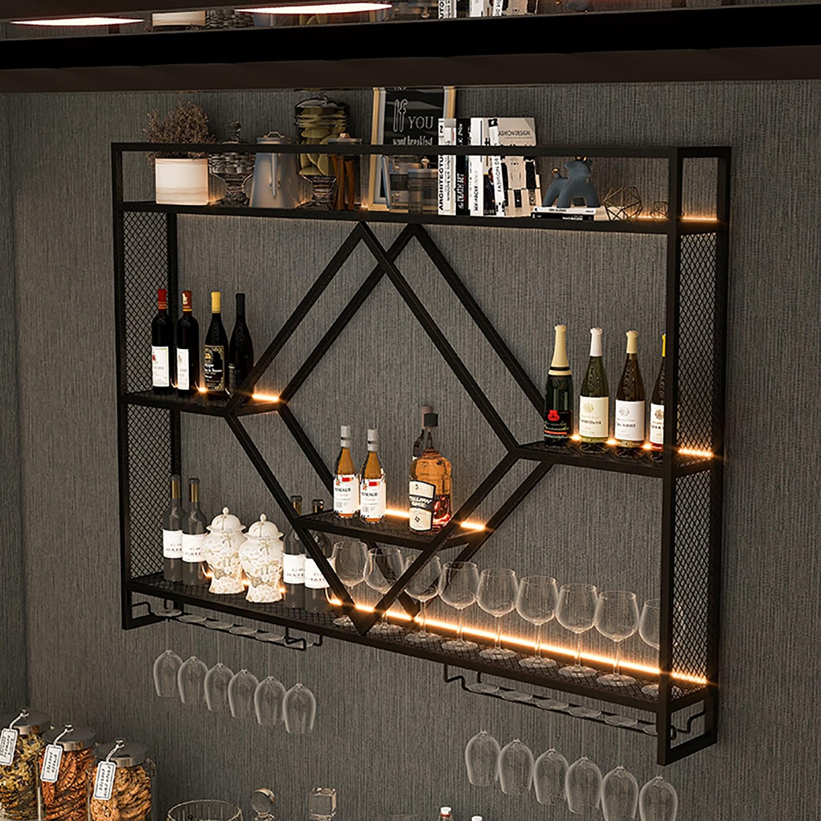 Portabottiglie Da Parete 99 Cm Con Luci LED E 3 Ripiani - Supporto In Metallo Per Vino E Calici