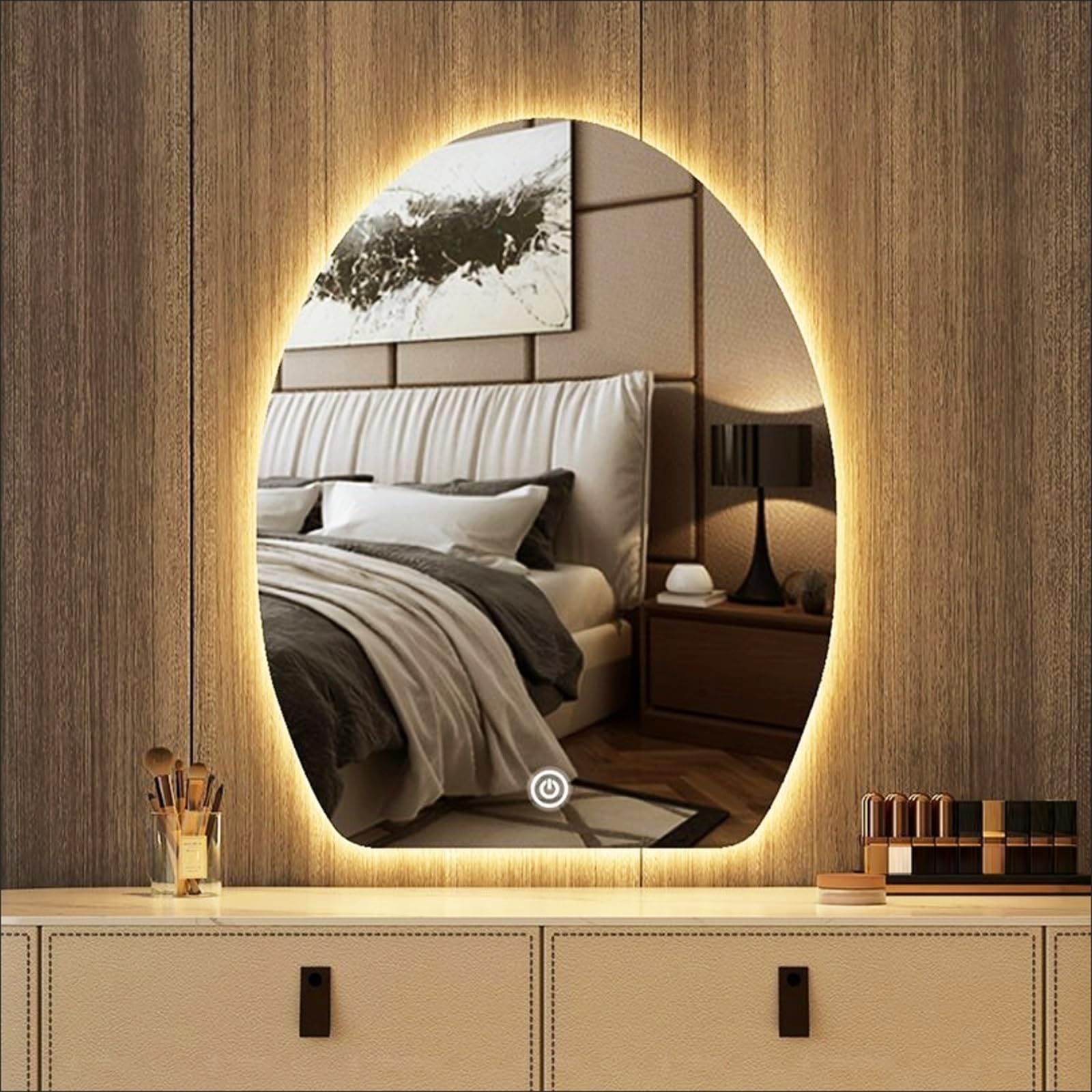 WJFTODAY Dimmable LED Bathroom Mirror 60x80CM, Touch Sensor Illuminated Vanity Mirror, Frameless Wall-Mounted Mirror, 3-Color Lighting for Modern Bathrooms
