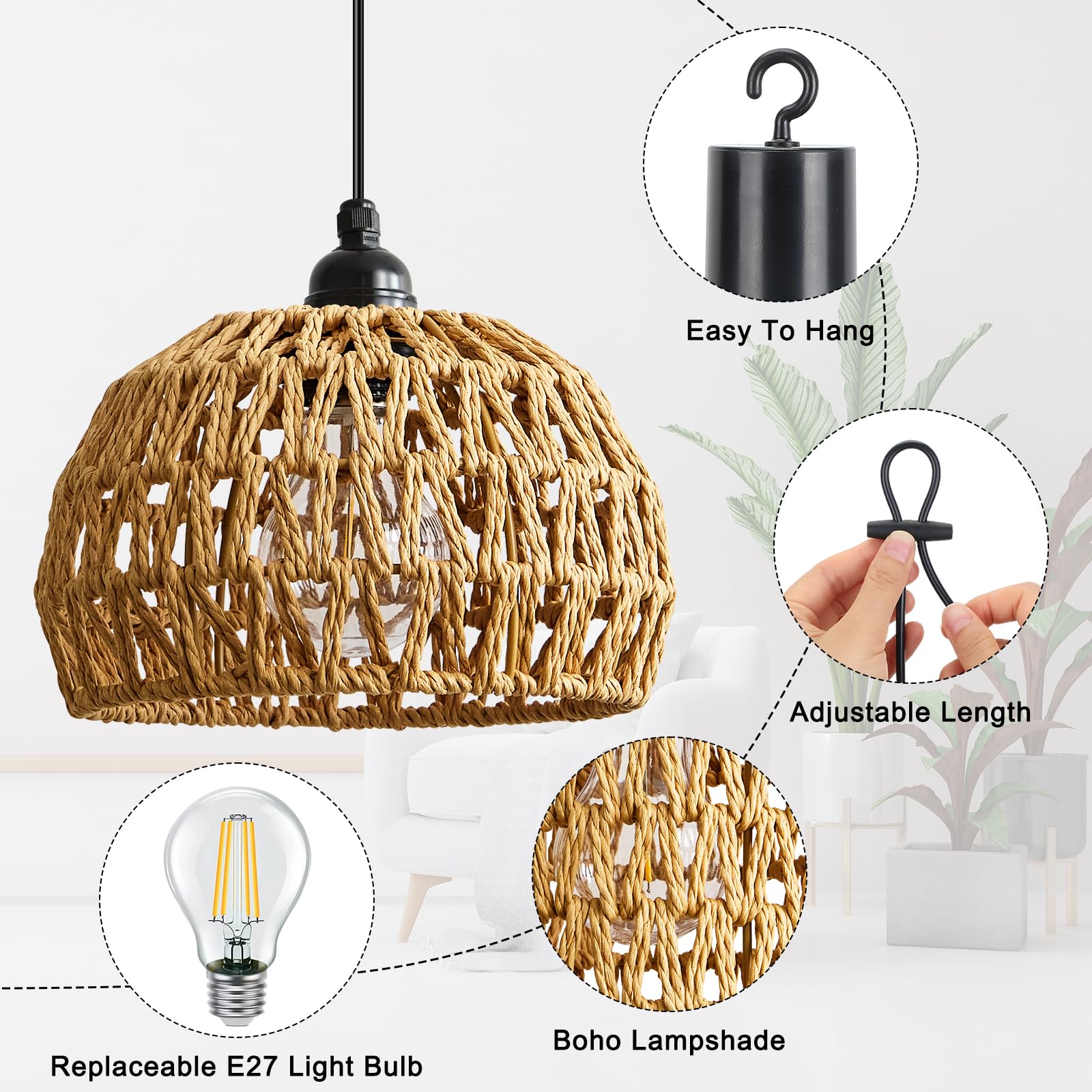 Lightess LampadariLightess 3x Lampadario con Batteria - Lampada a Sospensione Portatile Dimmerabile Telecomando, IP65 per Esterni e Interni, Stile Boho, per Giardino, Terrazza, Tavolo (Senza Fili)