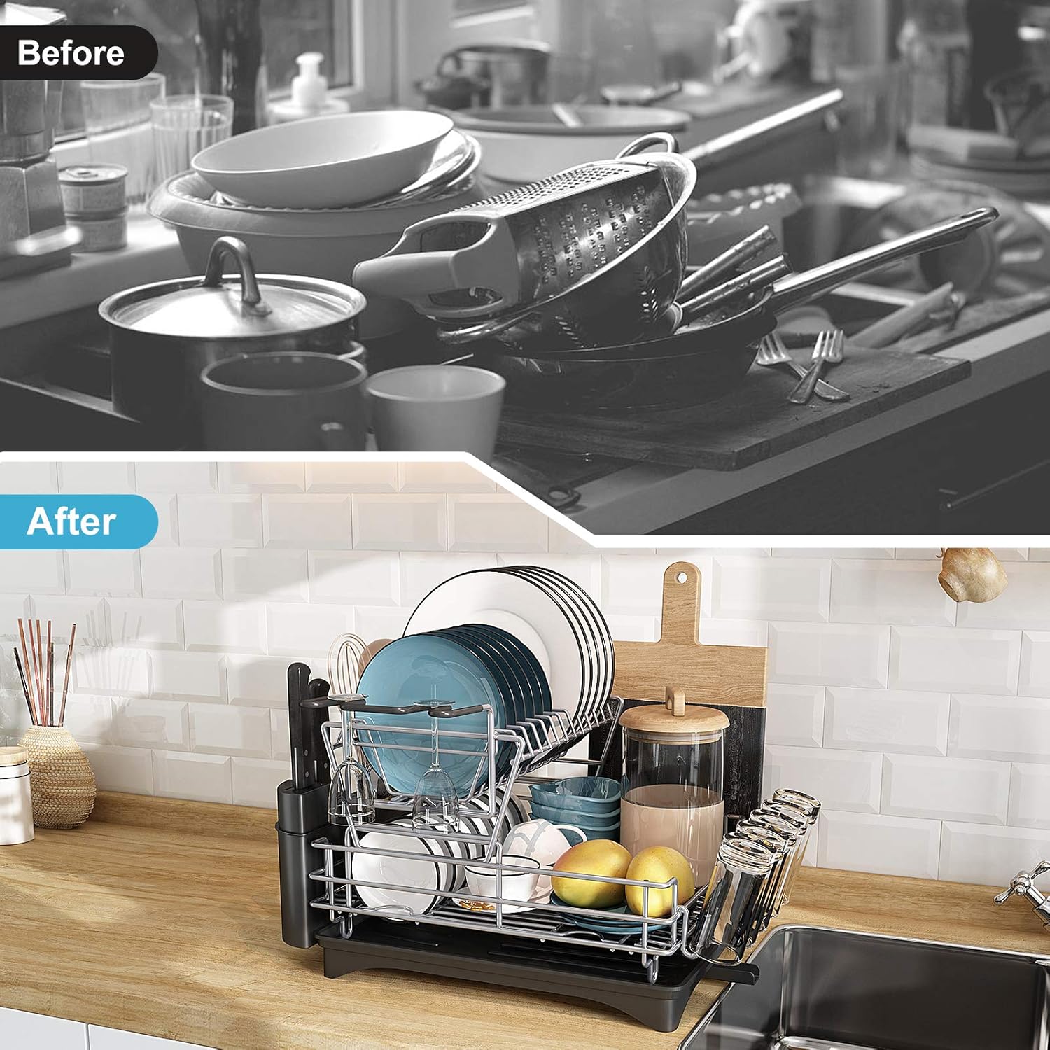 JASIWAY Large Dish Drying Rack, Dish Rack and Drainboard Set, 2 Tier Stainless Steel with Drainboard for Kitchen Counter, Dish Drainer with Utensil and Knife Holder, Cutting Board Holder