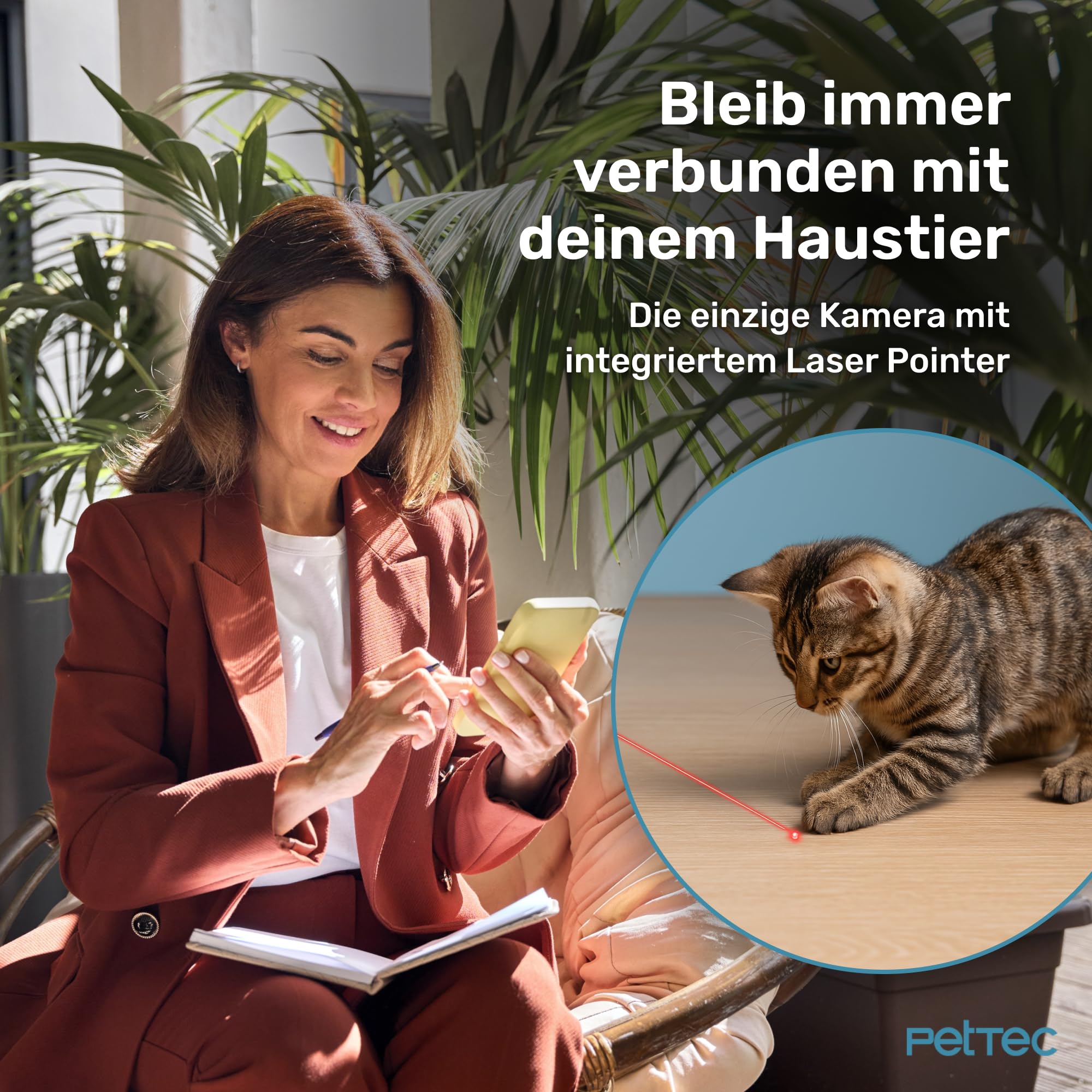 PetTec® Pet Cam Laser - Haustierkamera mit App [OHNE ABO-Falle] - Katzen Kamera Zuhause mit Bewegungserkennung & Nachtsichtfunktion - 4MP Rundumblick 360° Schwenken & Neigen - Katzenspielzeug
