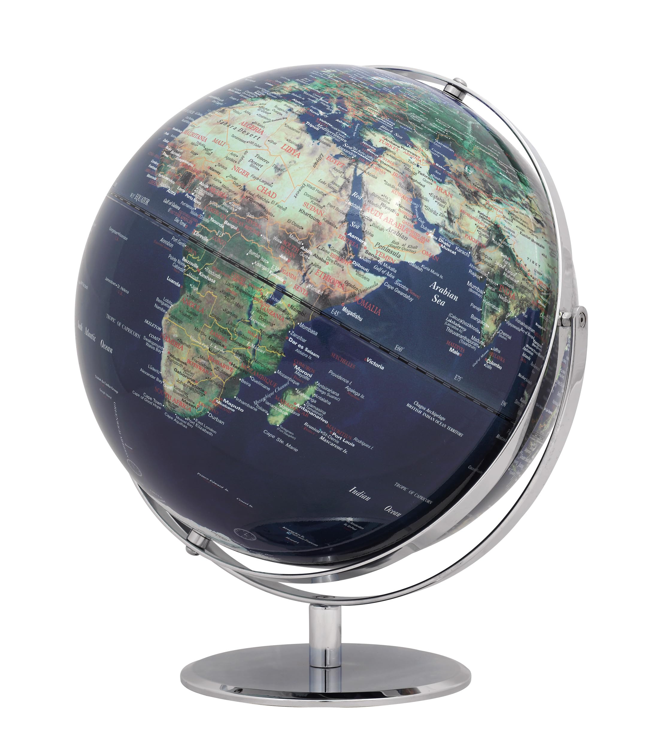 TROIKA Globus Ø 30 cm JURI Globus physische Karte topographische Darstellung dunkelblau-grün, verchromter Metallfuß, weicher Filzboden bewegliche Achse - im hübschen Karton ideal zum Verschenken