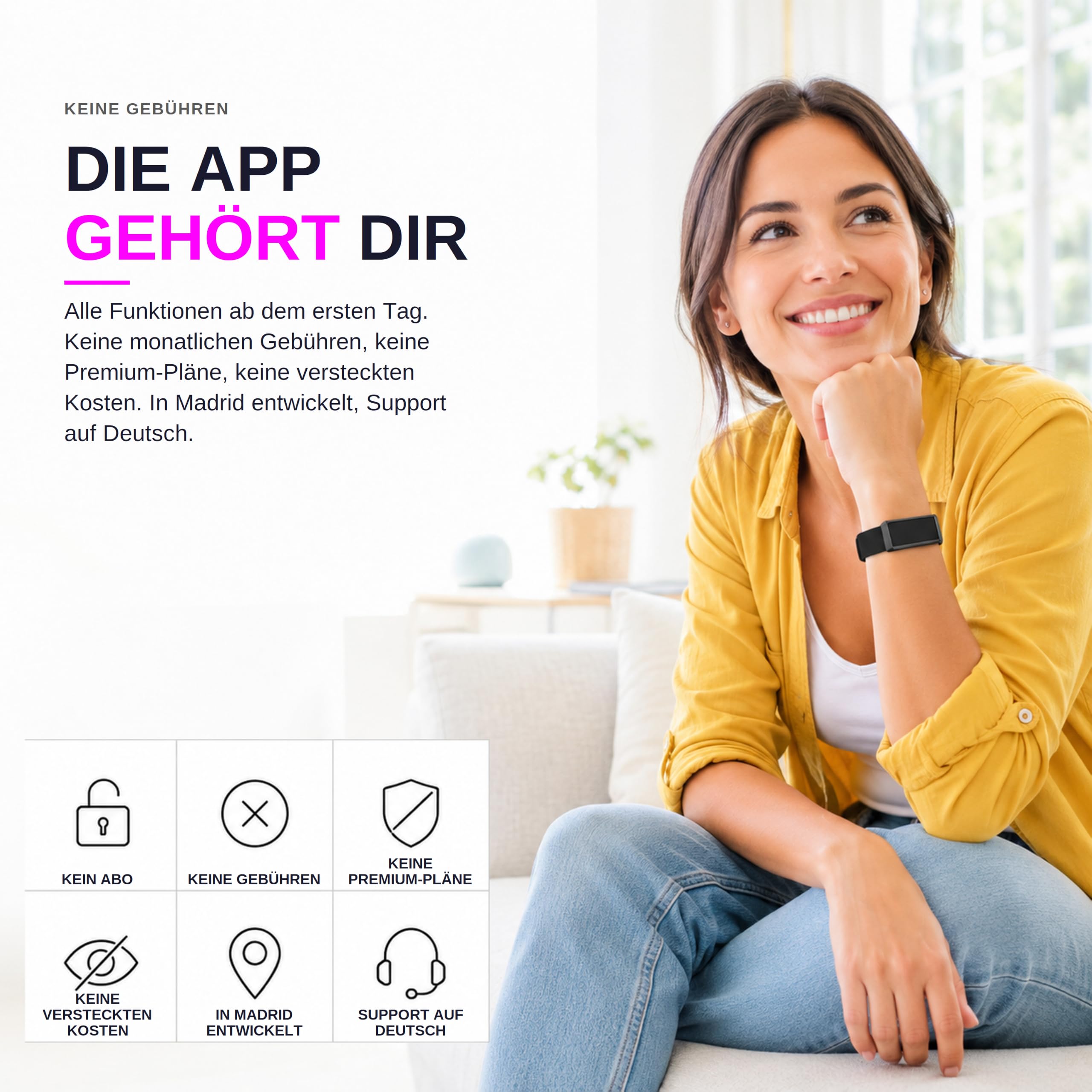 Sense Smartband ohne Display Damen Herren, Entwickelt in Spanien, KI-Coach, Schlaf Energie Erholung, Herzfrequenz 24/7 HRV SPO₂, IP68, Akku +45 Tage, Ohne ABO, Schwarz