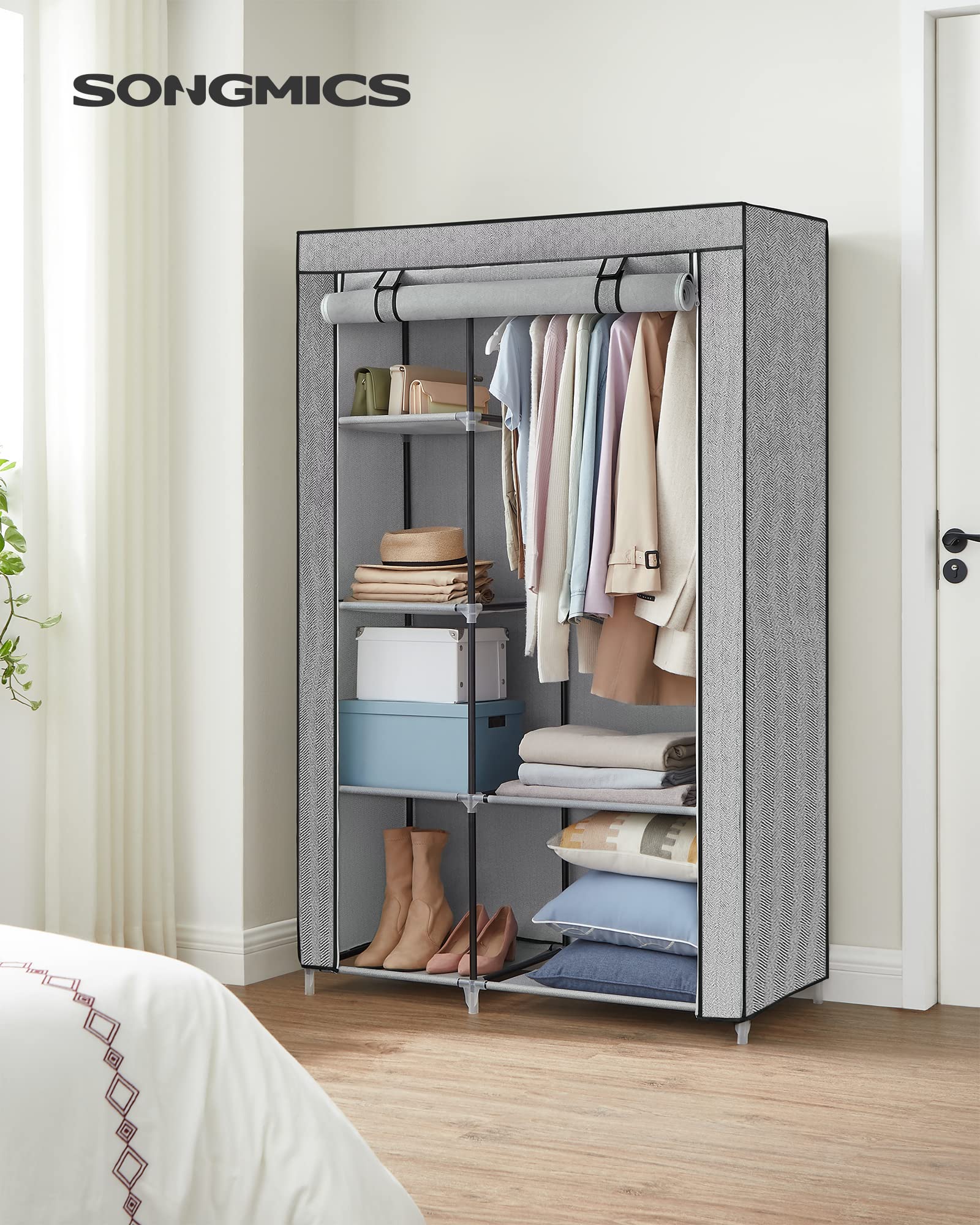SONGMICS Armario de Tela, Armario de Ropa, con 1 Barra Colgante, 6 Estantes, Tela no Tejida, Marco de Metal, 45 x 105 x 168 cm, para Dormitorio, Pasillo, Gris con Diseño de Espiga RYG085G22