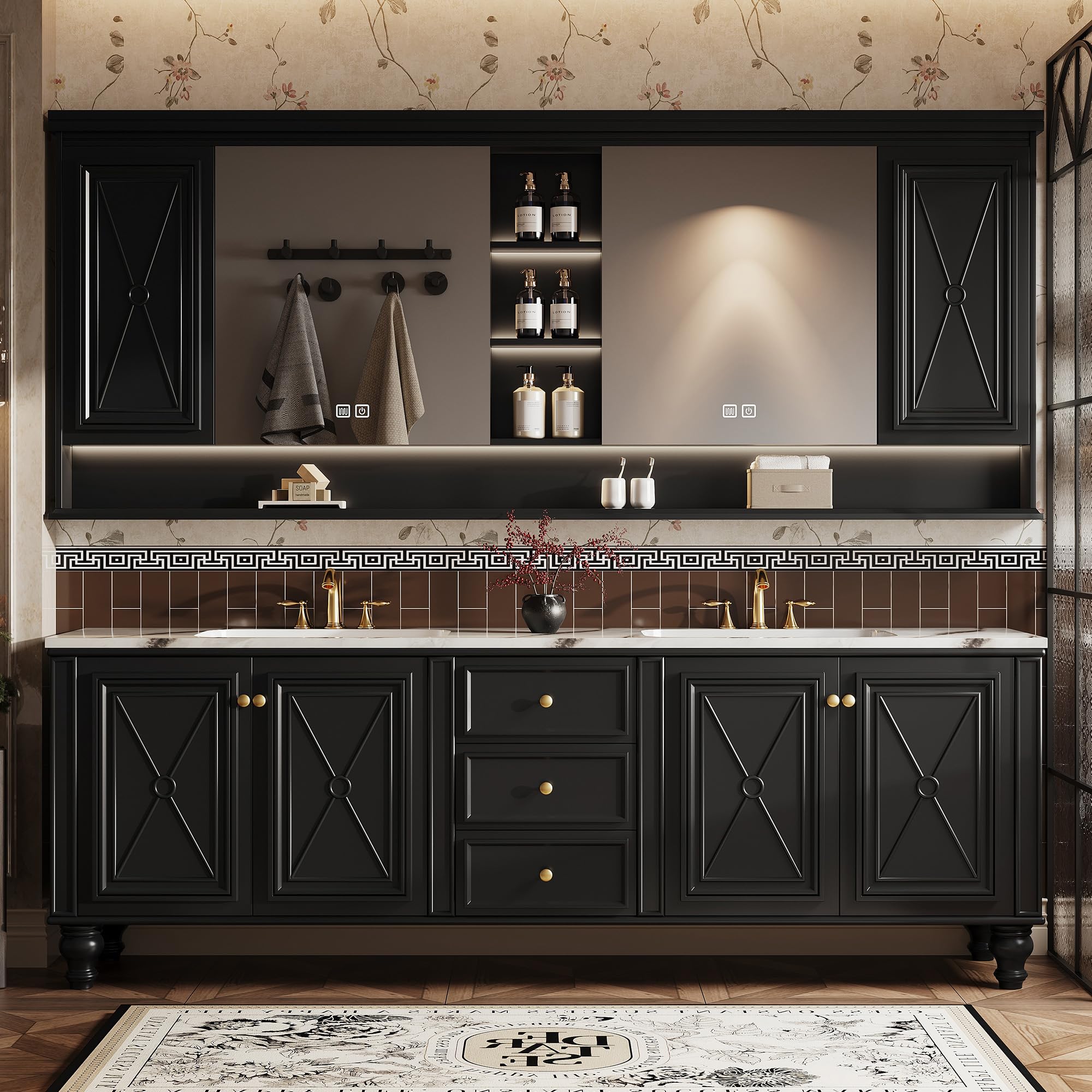 LuxuBathrooms - Mobile da bagno a doppio lavabo, con specchio a LED Smart Defog in legno massello, design moderno, elegante e salvaspazio, soluzione facile da pulire