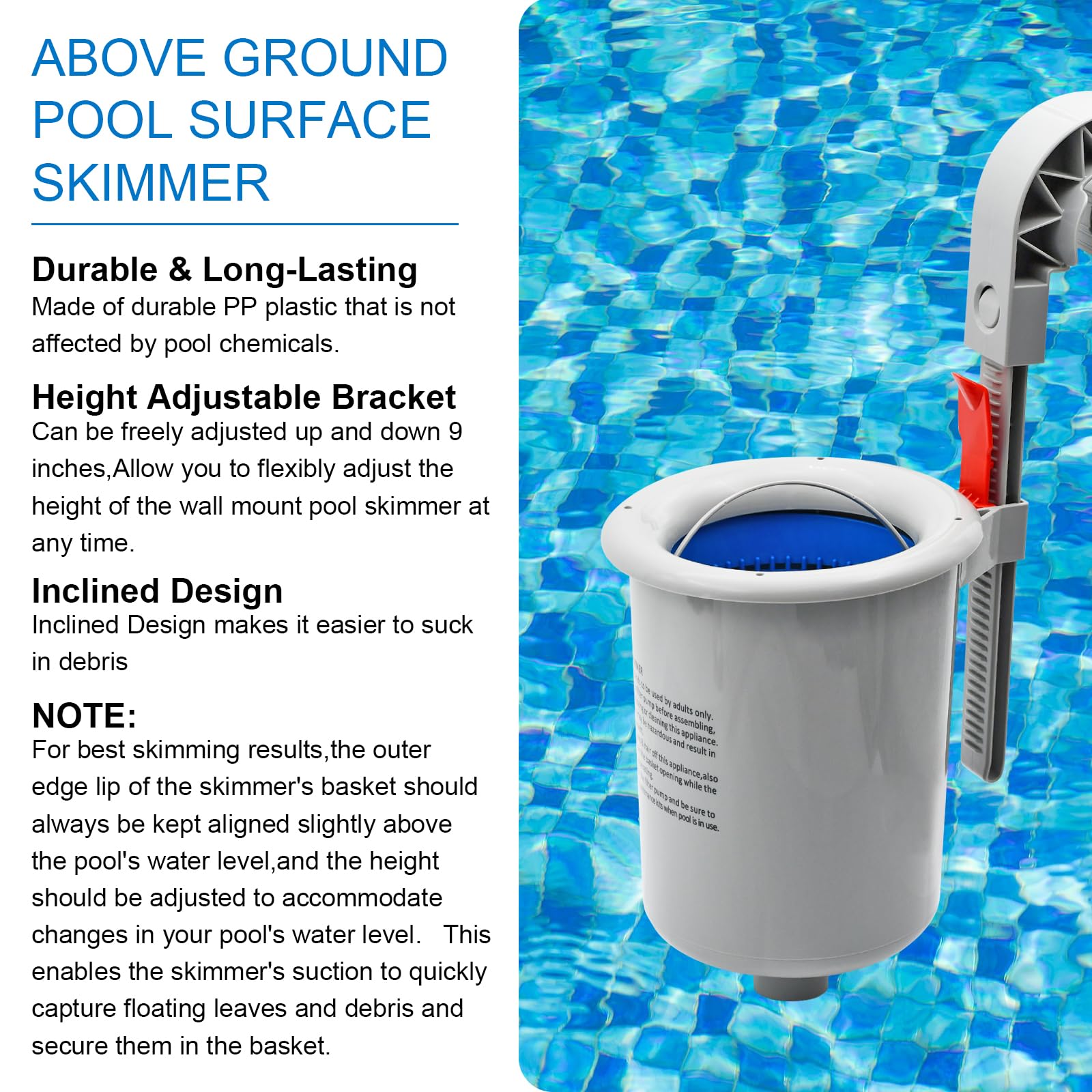 Skimmer de superficie de piscina sobre el suelo con cesta de skimmer desmontable, filtro flotante de piscina automático, skimmer de superficie de montaje en pared para collares inflables, marco de