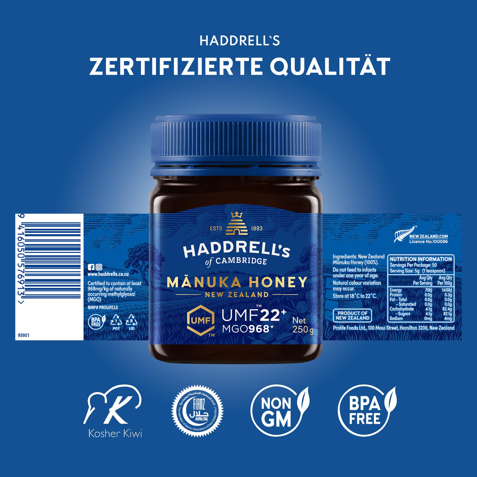 Haddrell's of Cambridge Manuka Honig 1000 MGO circa (UMF 22+) 250g | Zertifizierter Manukahonig aus Neuseeland – Reich an Methylglyoxal – Nachhaltig, roh und mit hohem MGO - Rohhonig