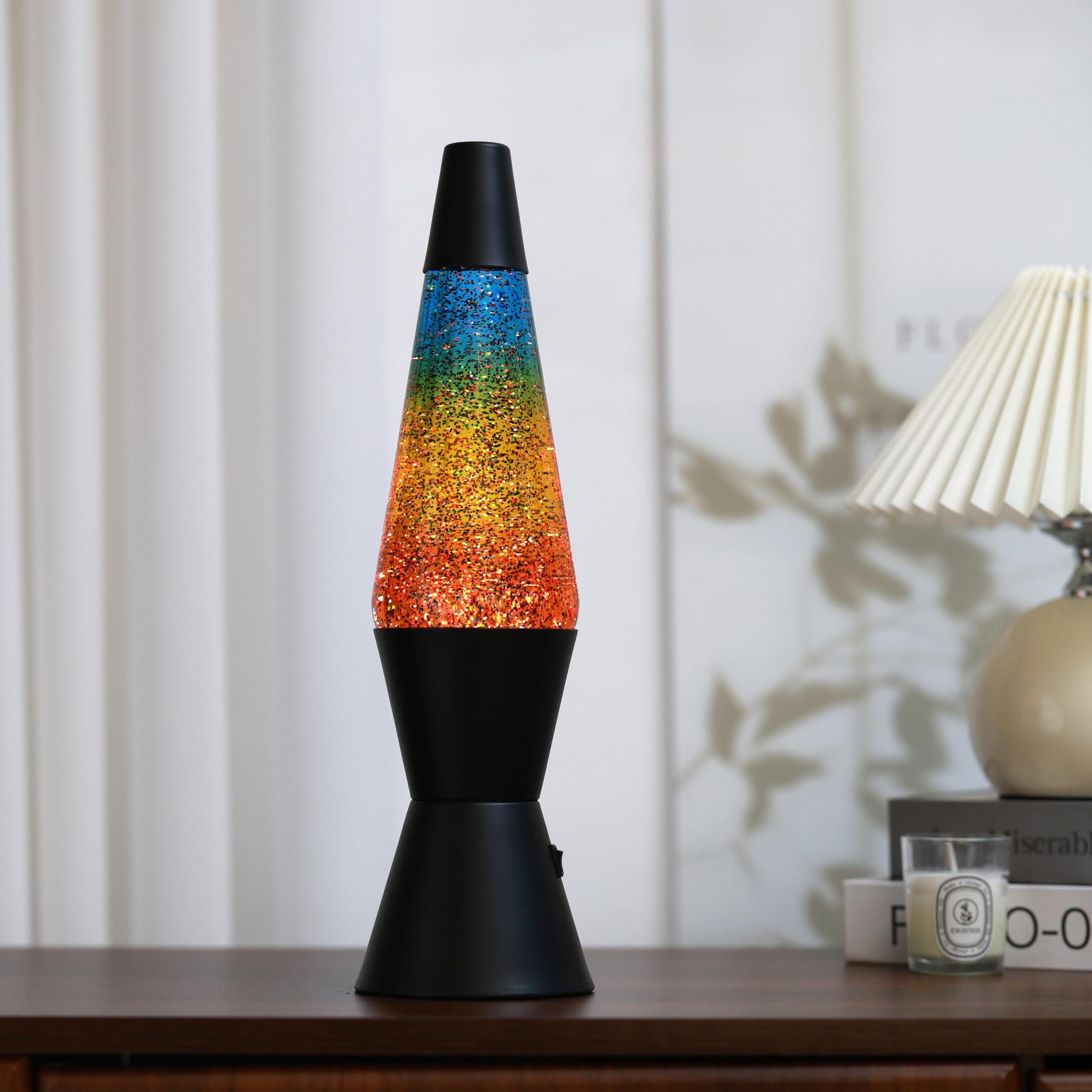 I-TOTAL® - LED-Lavalampe – Modernes Design mit fließendem Blaseneffekt, geringer Energieverbrauch, integriertes LED-Licht, 37 cm (Schwarzer Sockel, Regenbogen-Glitzer)