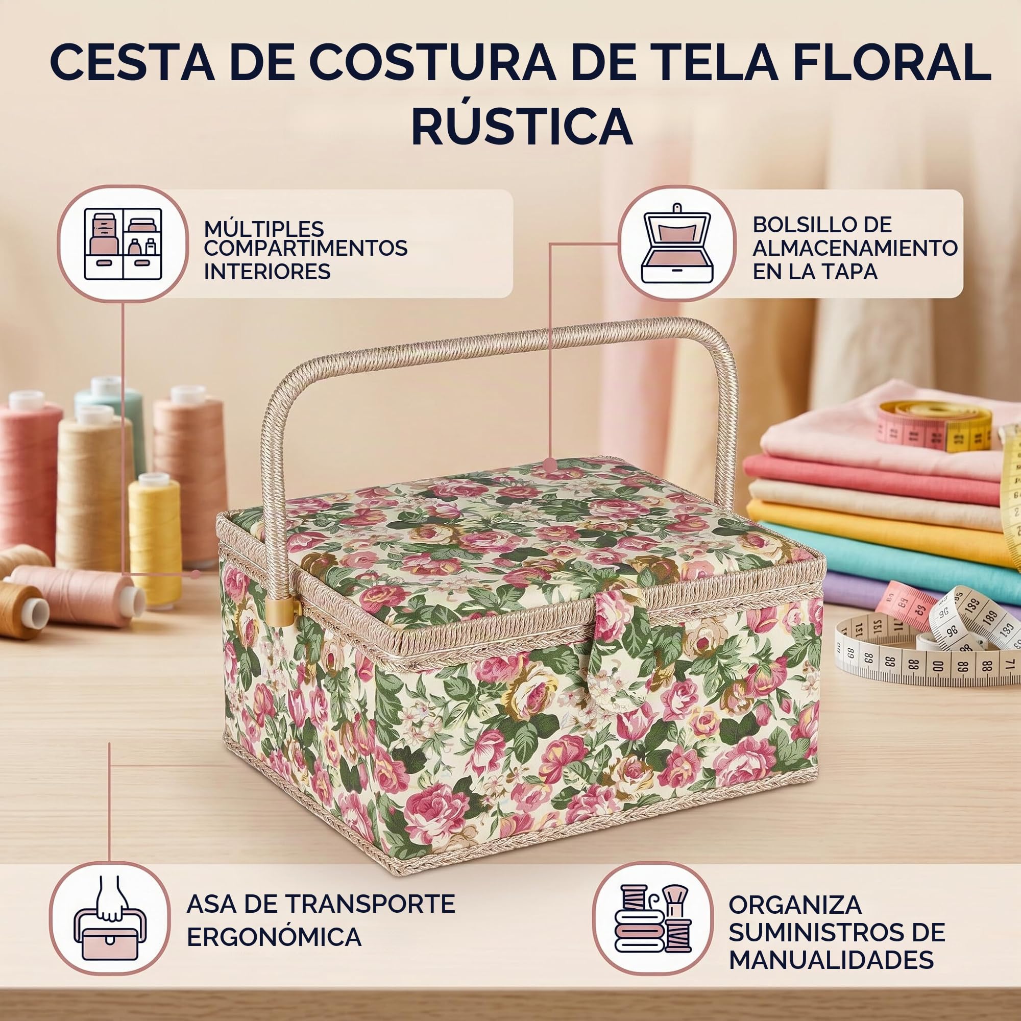 Caja de Costura, Cesta de Tela Caja de Costura, Caja de Almacenamiento de Tela Floral, Estilo Rústico, Con Mango, Para Herramientas de Costura y Accesorios 30.5 x 23 x 15.5 cm