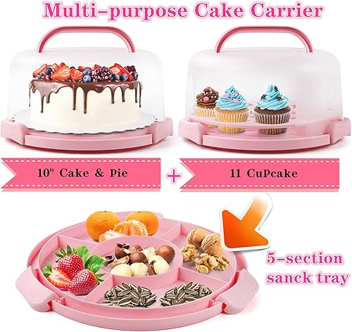 Miniatura 2 de Porta pasteles portátil con asa, soporte redondo para cupcakes con tapa, caja de almacenamiento de plástico para pasteles de 10 pulgadas, 3 bloqueos