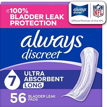 Always Discreet Incontinence Pads for Women, 7-Drop, 56 Count
