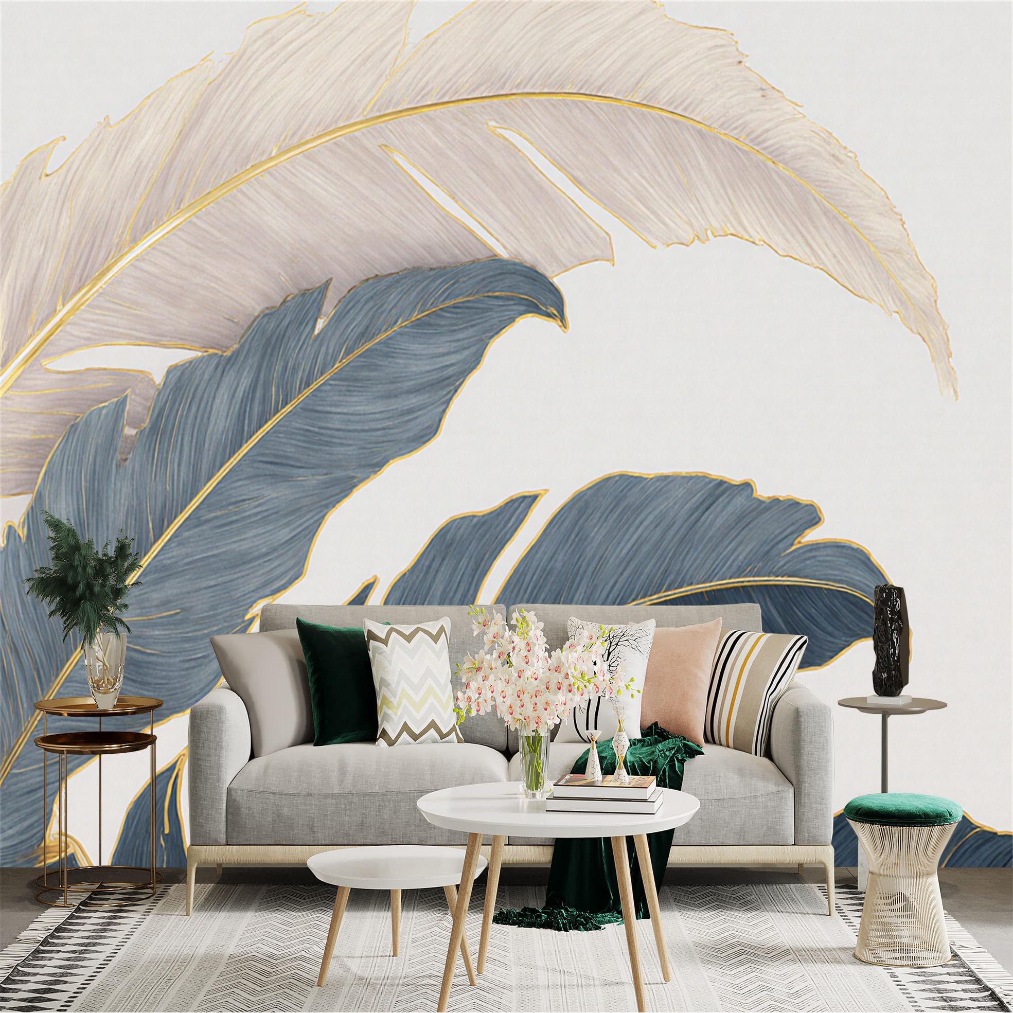 Custom Size Wall Sticker Mural， Minimalist Navy Blue and Cream Feather Pattern， Golden Leaf Luxury Texture， Abstract Elegant Plant Art， for wall Decoration， peelandstick wall Decals.