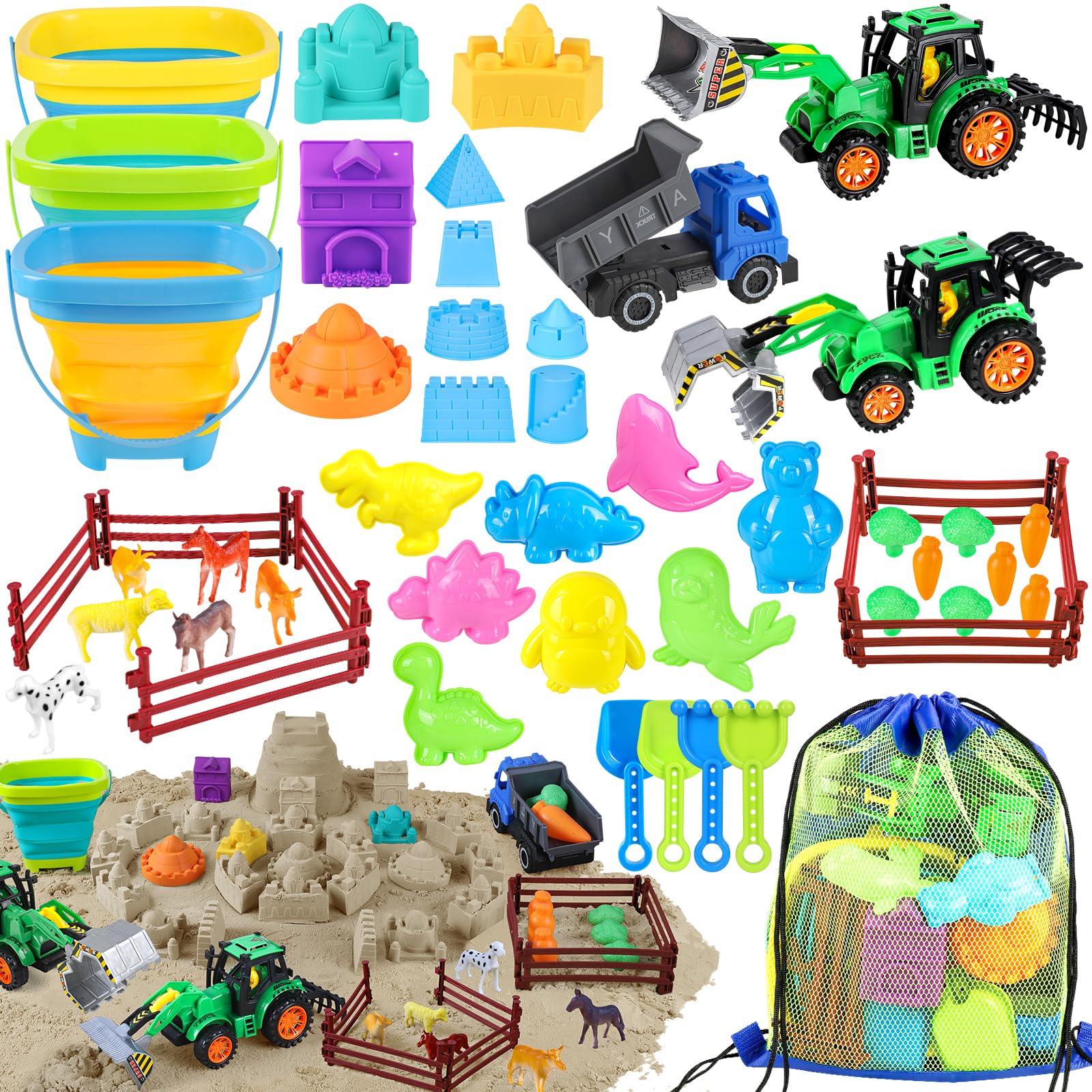 FHOZGECY Beach Toys, 45Pcs Farm Playset, Collapsible Sand Toys with Sand Buckets and Tractor Toy Set, Sand Castle Building Kit, Farm Toys, Animal Toys, Mesh Bag, Travel Beach Toys for Kids Ages 4-8