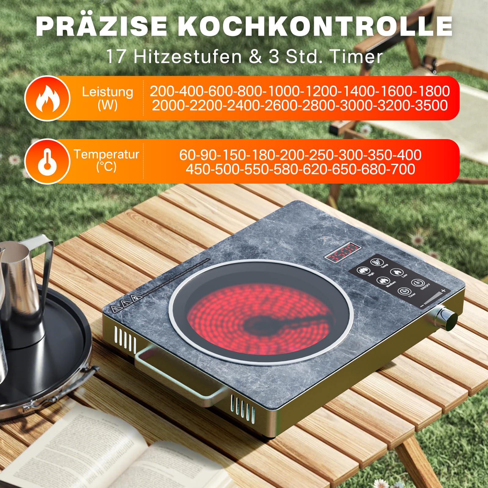 Elektrische Kochplatte, Tragbare Infrarot Glaskeramik Kochplatte, Temperatur Einstellbares Kompaktes Kochfeld, Tragbare Elektrokochplatte für Küche & Camping, Single-Marble