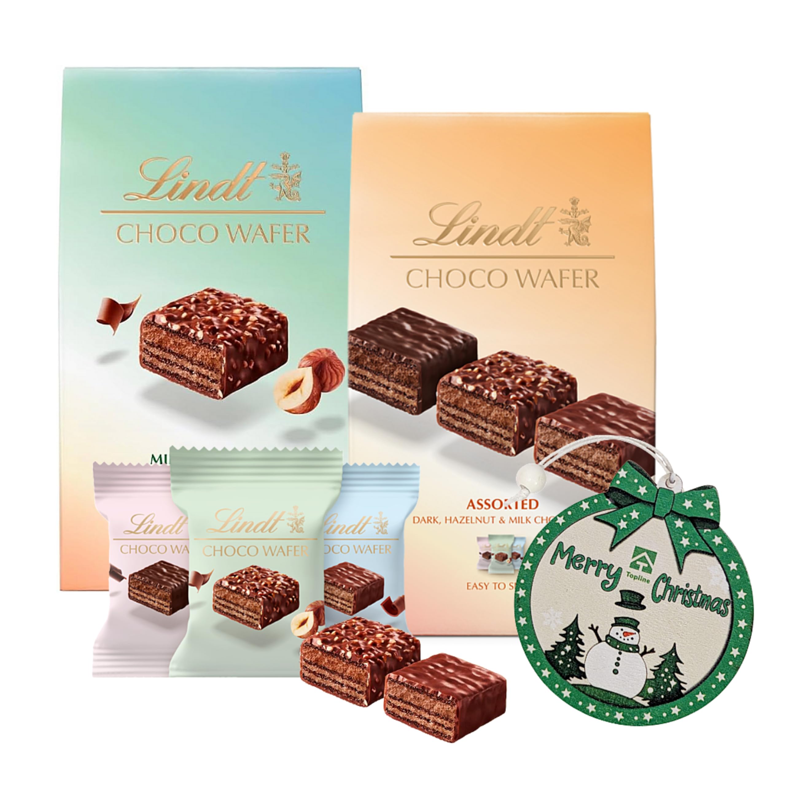 Assorted Choco Wafer Lindt Chocolates - Selection of Assorted & Milk Hazelnut Choco Wafers 135g with Christmas Tree Decoration. Great Christmas Gifts for Women, Stocking Fillers or Birthday Gifts.