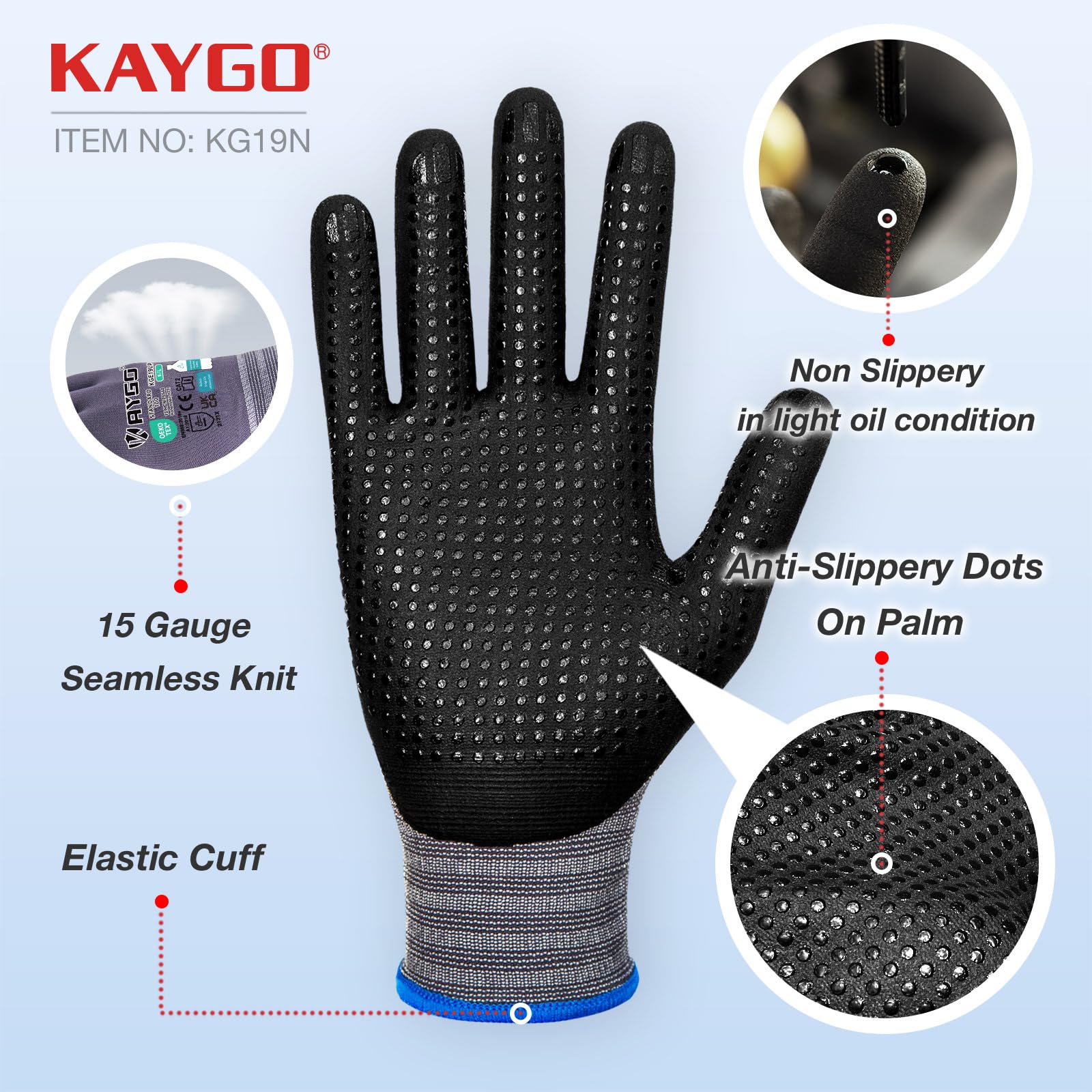 KAYGO Work Gloves with Grip Dots on Palm for Anti-Slip, 12 works, KG19N, MicroFoam Nitrile Coated Light Oil Compatible - Image 2