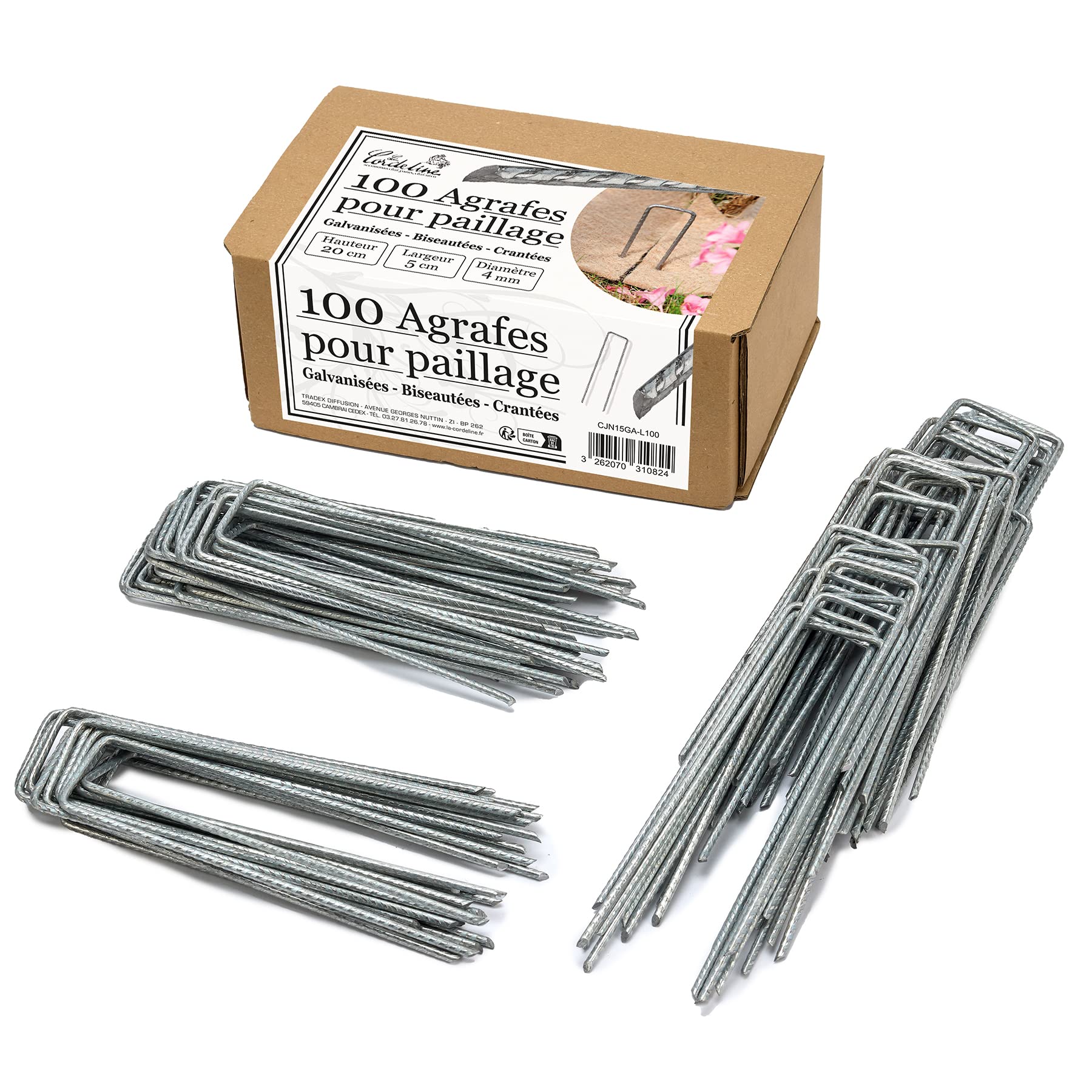 Lot 100 agrafes Acier Galvanisé Crantées Ø4mm Longueur 20cm Largeur 5cm - Agrafes Paillage, Fixation grillage et filets