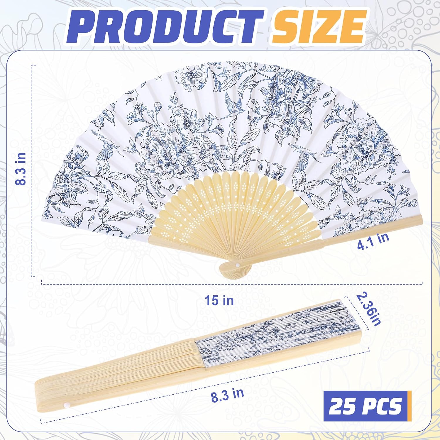 25 Pcs Blue Floral Hand Folding Fans with Organza Bags, Blue Flower Paper Fans for Wedding Guests, Vintage Foldable Fan for Bridal Shower Wedding Bridesmaid Gifts Tea Party Favors Supplies image 2