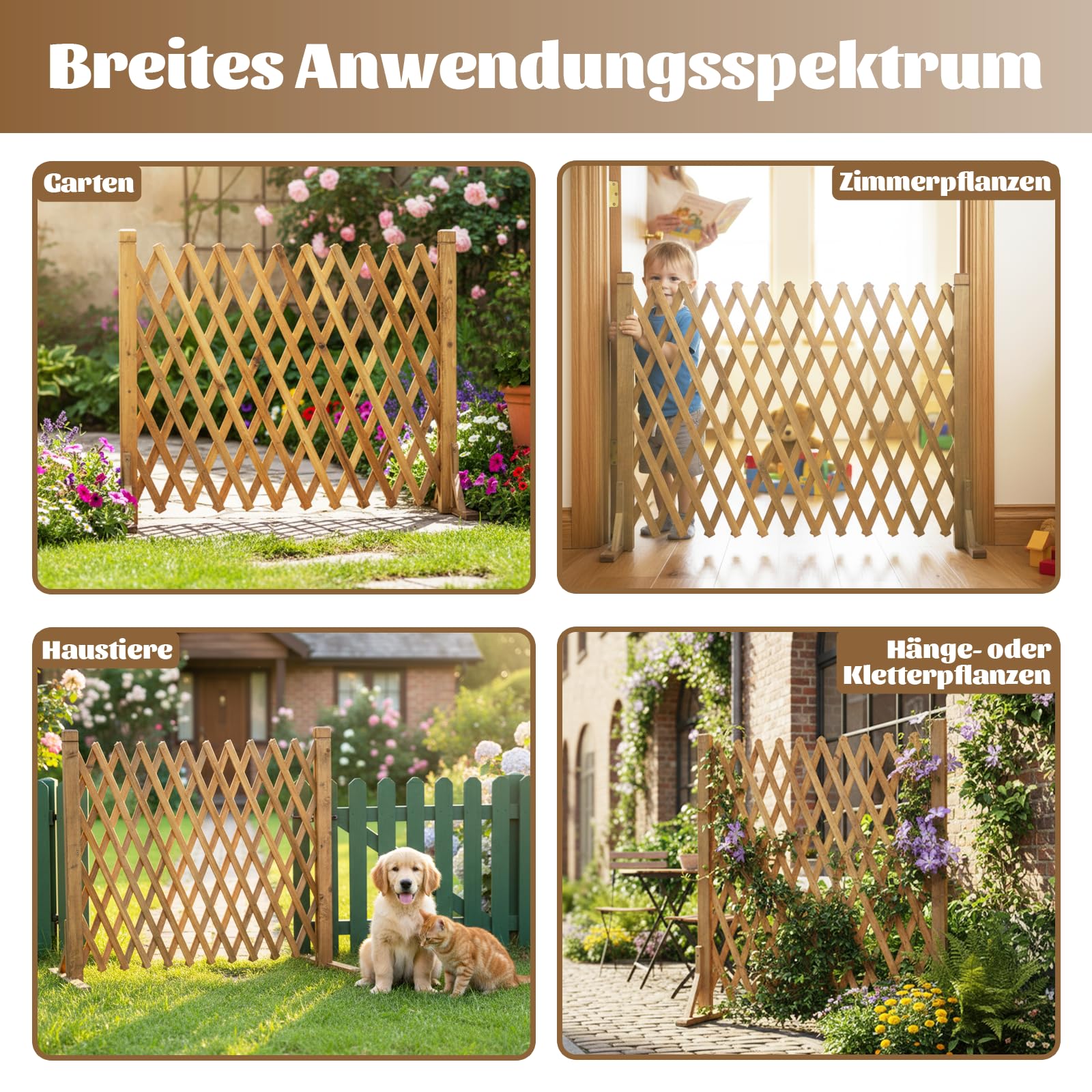 MYOYAY 2 Stück Ausziehbar Holz Rankgitter, Verstellbar Zaun für Hunde 70CM Hoch, Holzzaun Garten Freistehend Dekorativer Gartenzaun (24-160cm) für Pflanzen Haustiere Garten Balkon - Naturholzfarbe