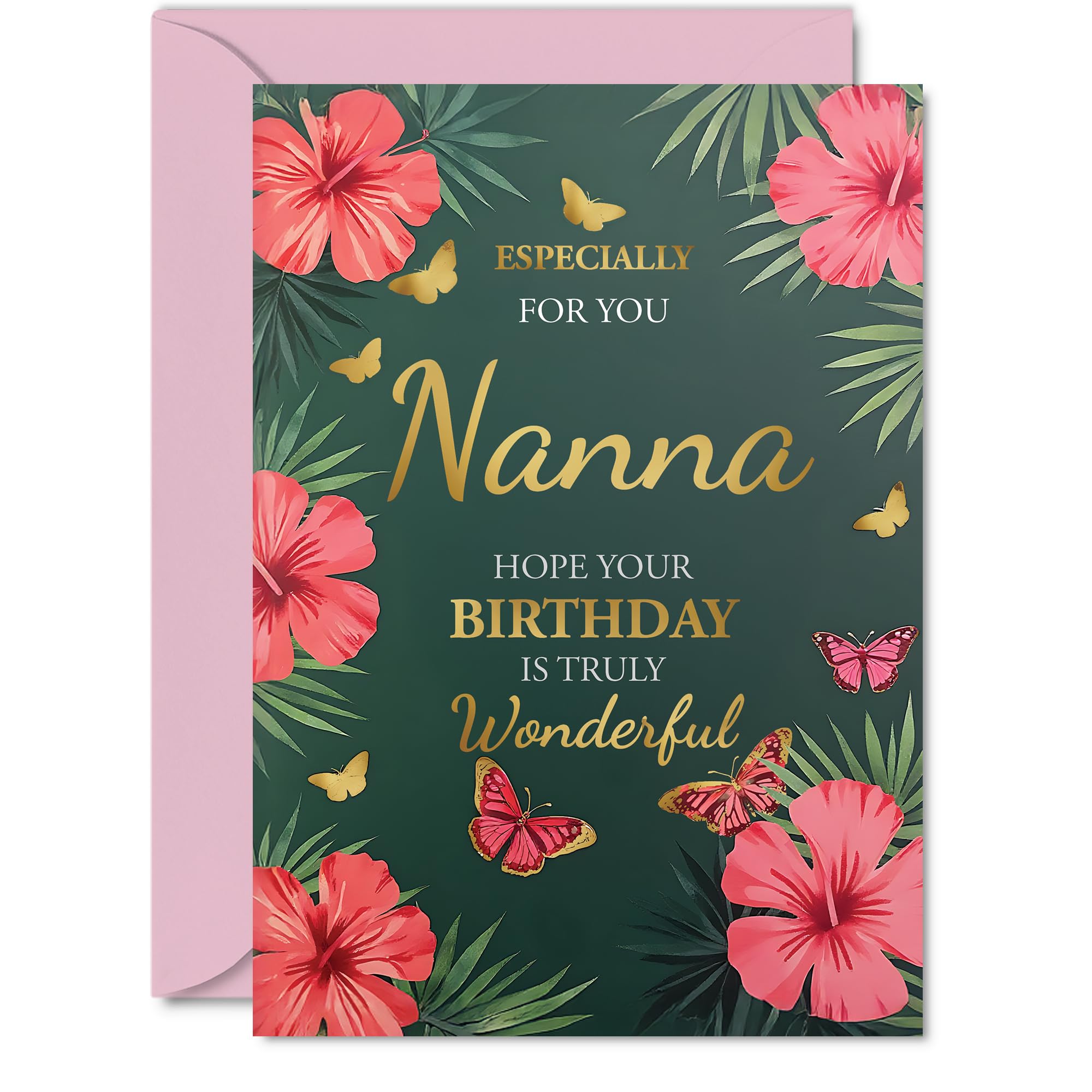 Gold Nana Birthday Card - Butterflies & Flowers - Happy Birthday Card for Nana from Grandson Granddaughter, A5 Golden Butterflies & Flowers Bday Greeting Cards