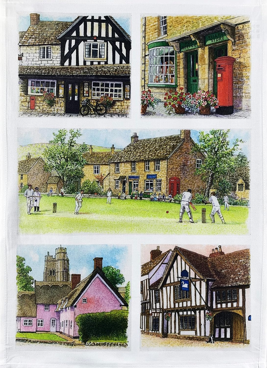 Half A Donkey White British Village Life Large Cotton Tea Towel
