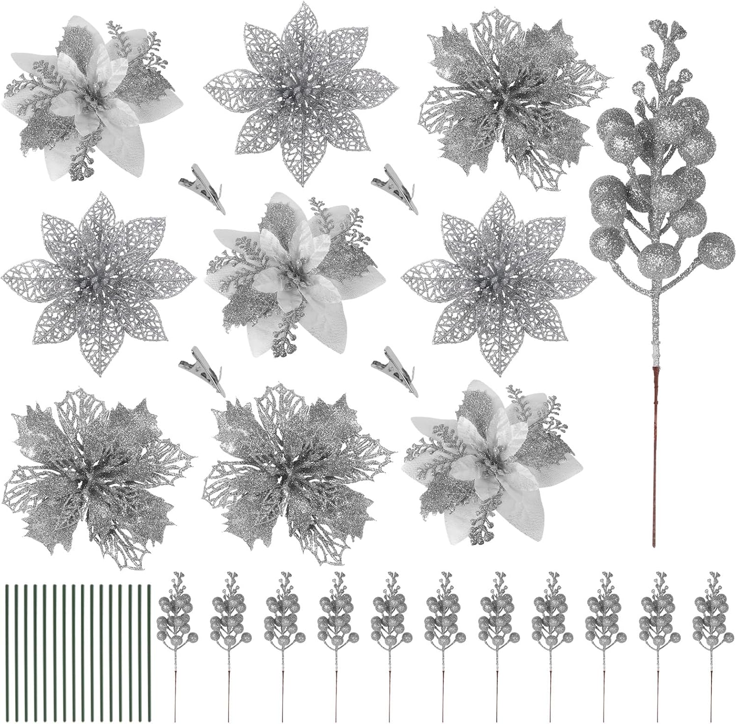 RECUTMS 66 Pcs 3 Styles Christmas Tree Ornaments Christmas Glitter Poinsettia Flowers Artificial Berry Picks Artificial Christmas Flowers with Clips for Xmas Wedding Wreath Decorations (Silver)
