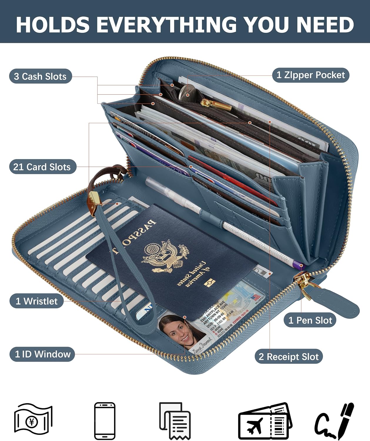 Zipper Wallet for Women,Large Passport Wallet with Wristlet Strap image 3