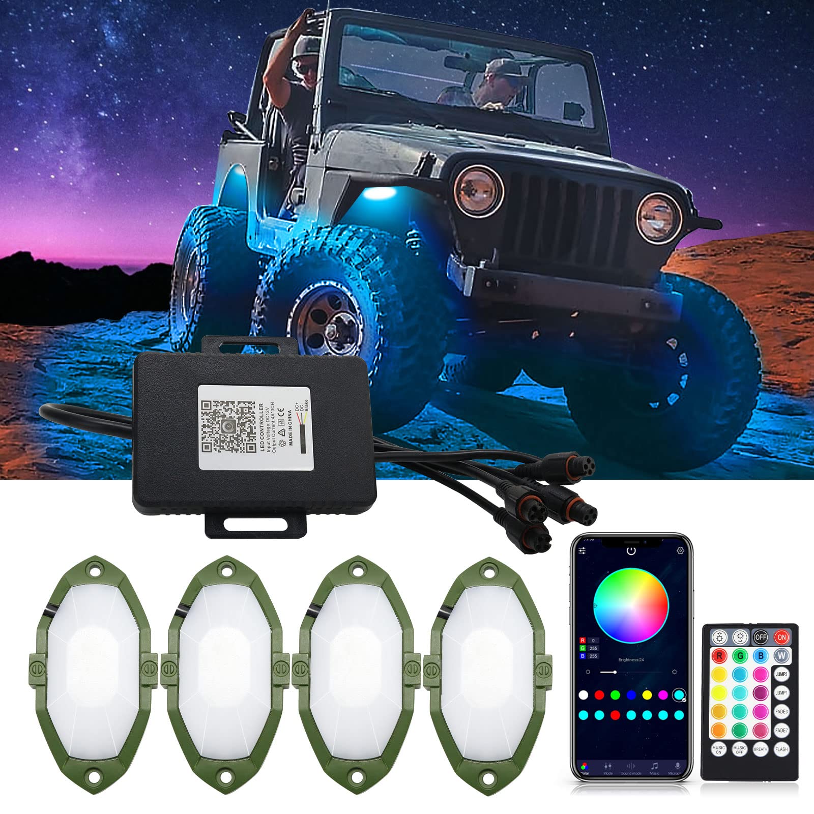 RGB LED Rock Lights, Neon Underglow Kit for Car with App/Remote Control and Voice-Activated Music Mode, 4 Pods Waterproof Car Light Rock Lights for Trucks ATV SUV RZR UTV Boat Motorcycle (Green)